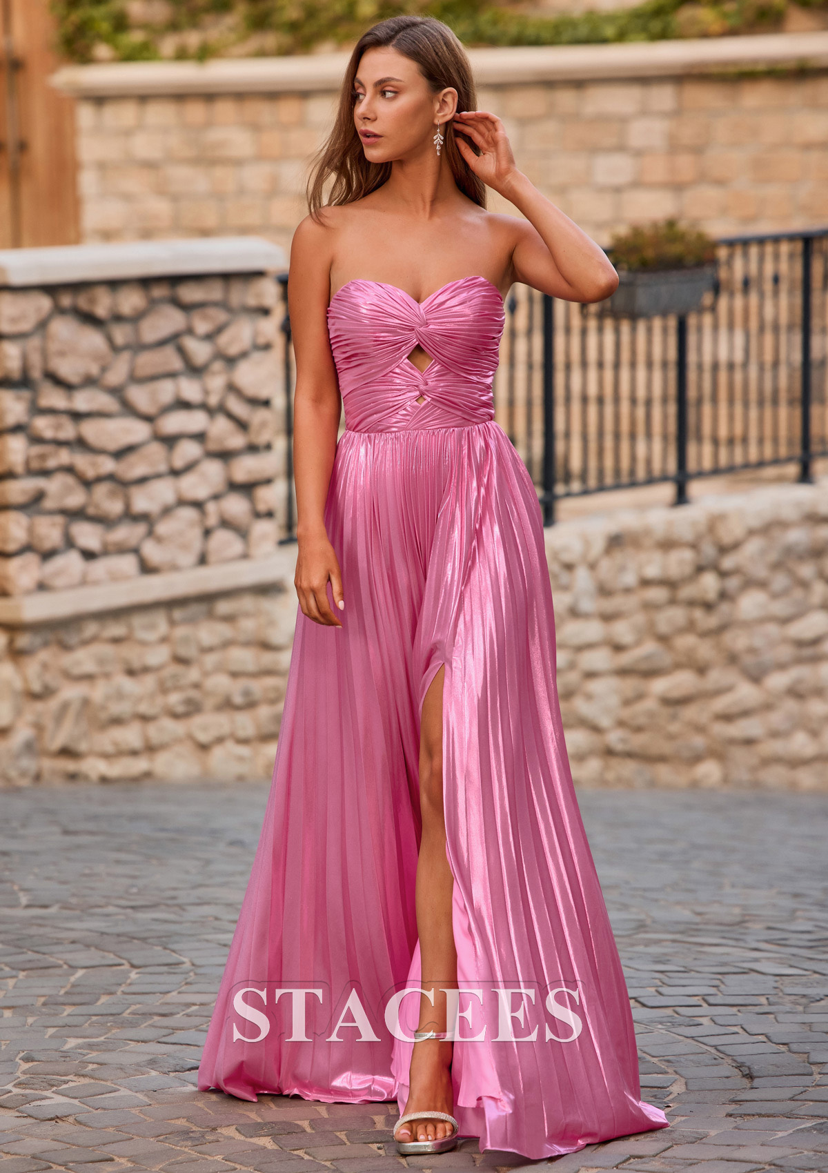 Candy Pink Strapless Keyhole Metallic Pleated A-line Prom Dress with Slit - STACEES