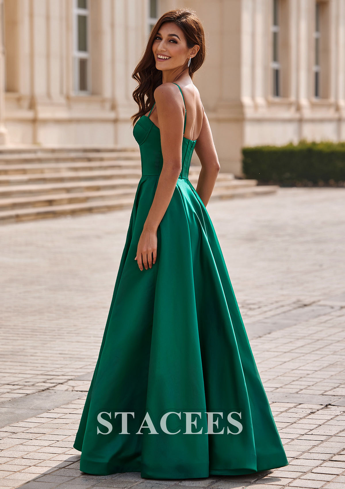 Dark Green A-line Spaghetti Straps Satin Corset Slit Prom Dress with Pockets - STACEES