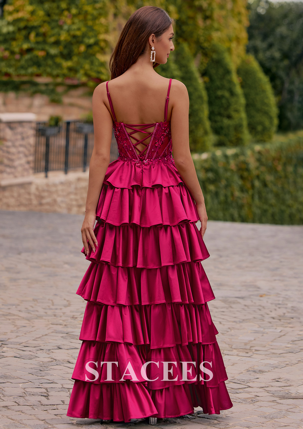 Burgundy A-line Embroidered Sheer Corset Tiered Ruffle Prom Dress with Front Slit - STACEES