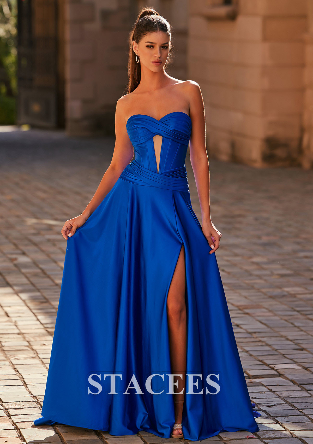 Royal Blue A-line Pleated Slit Prom Dress with Detachable Spaghetti Straps - STACEES