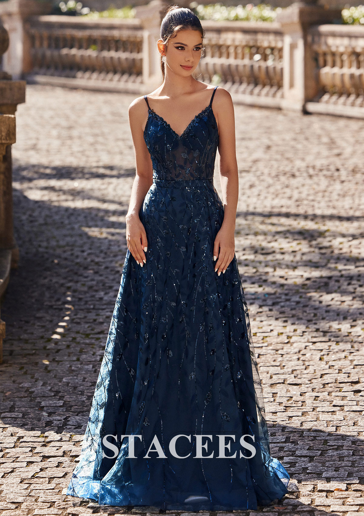 Dark Navy A-line V Neck Floor-Length Sequins Prom Dress with Split - STACEES