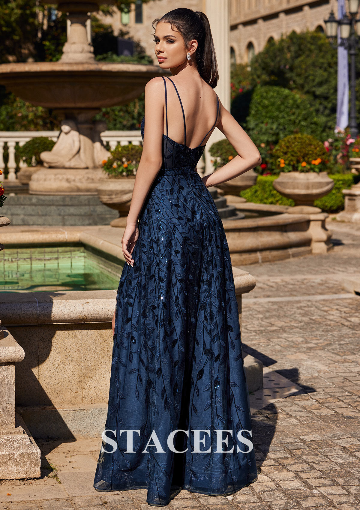 Dark Navy A-line V Neck Floor-Length Sequins Prom Dress with Split - STACEES