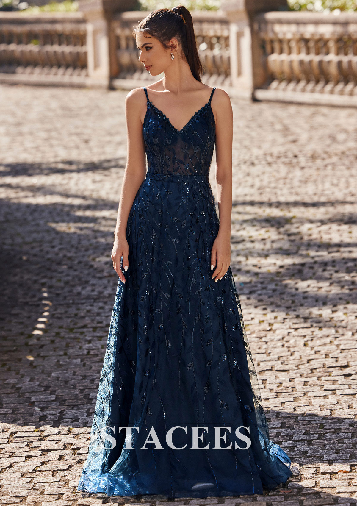 Dark Navy A-line V Neck Floor-Length Sequins Prom Dress with Split - STACEES