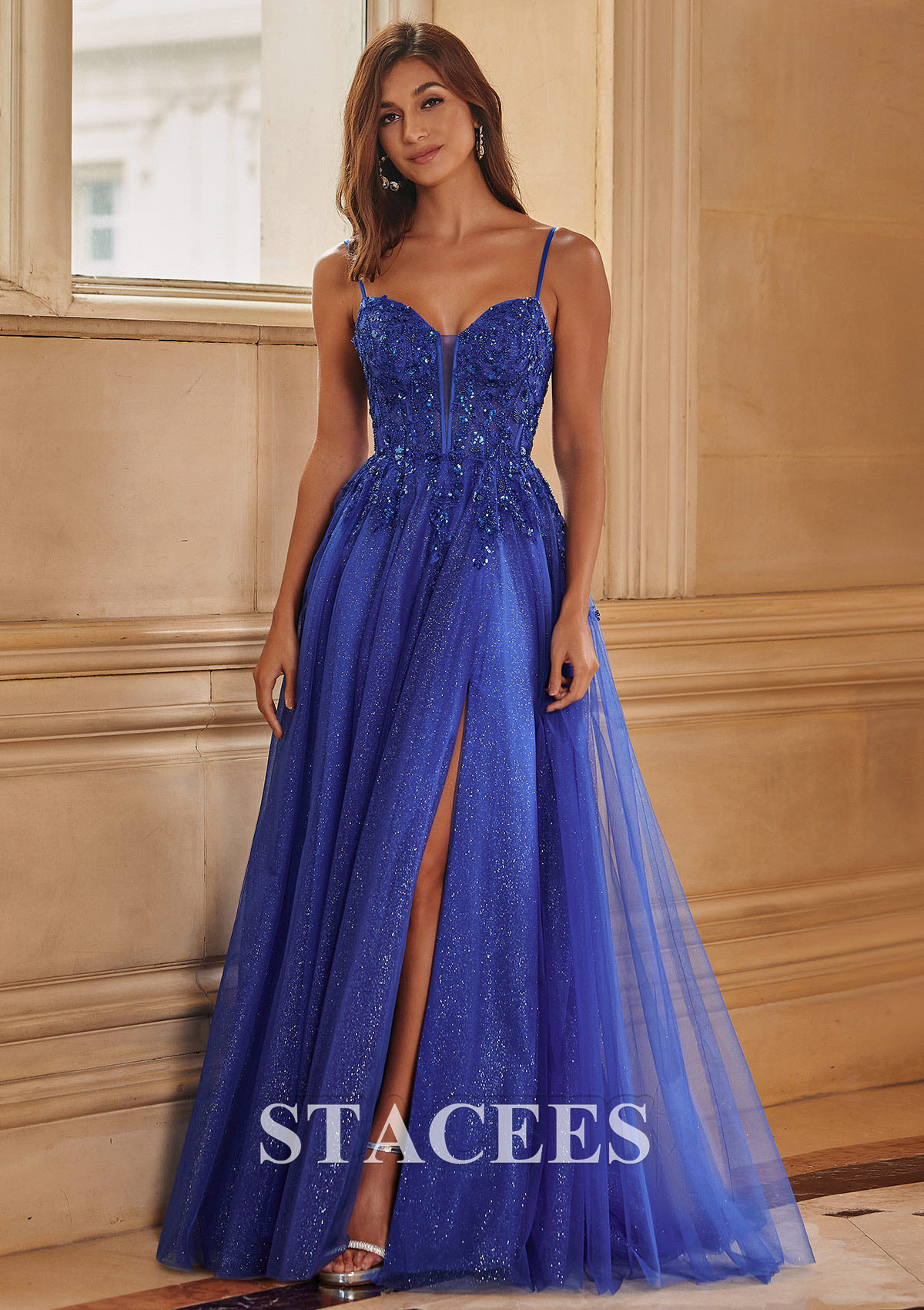 Royal Blue A-line V Neck Spaghetti Straps Corset Slit Glitter Tulle Prom Dress - STACEES