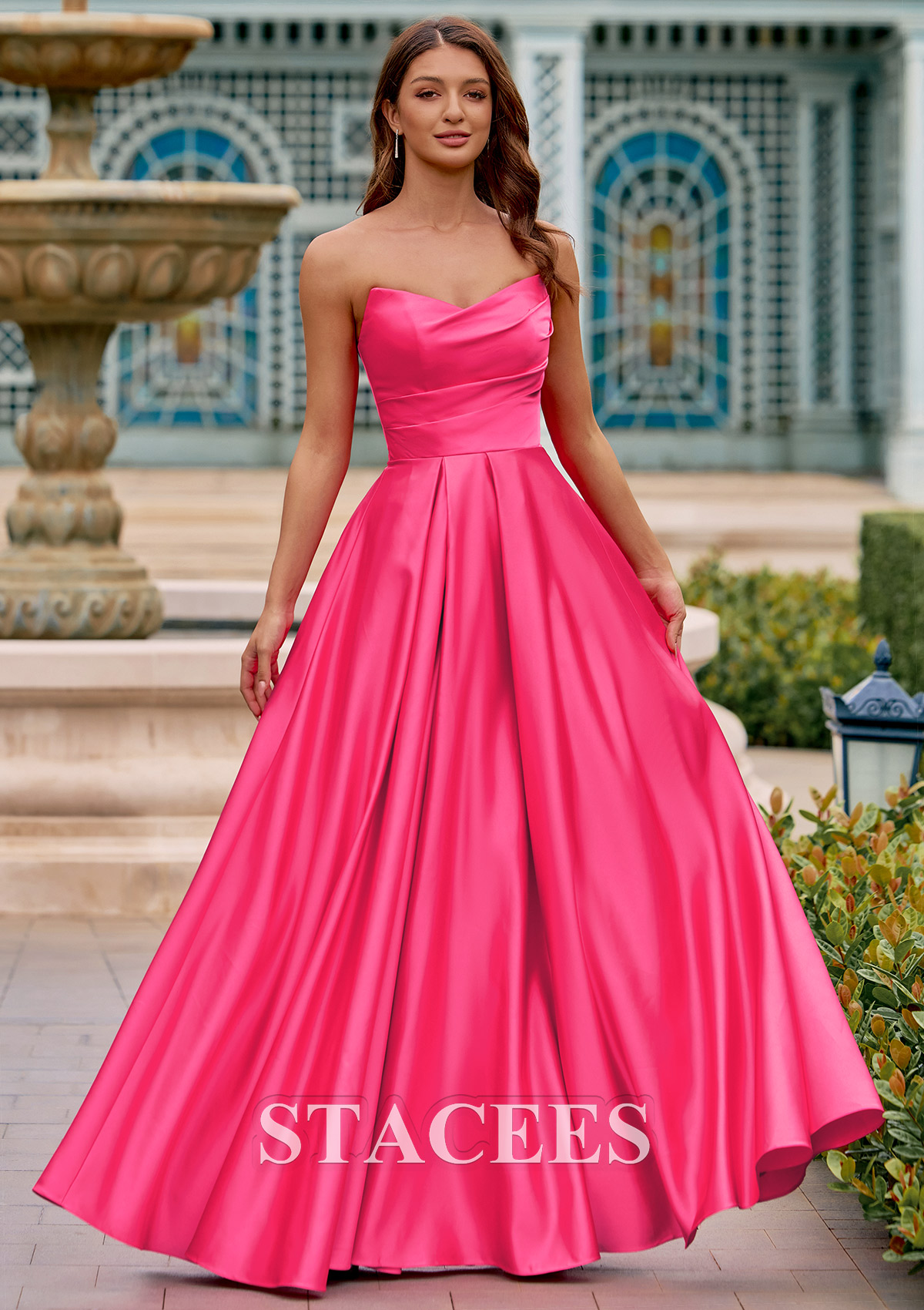 Azalea Vestido línea a escote en v satén hasta el suelo vestido de graduación - STACEES