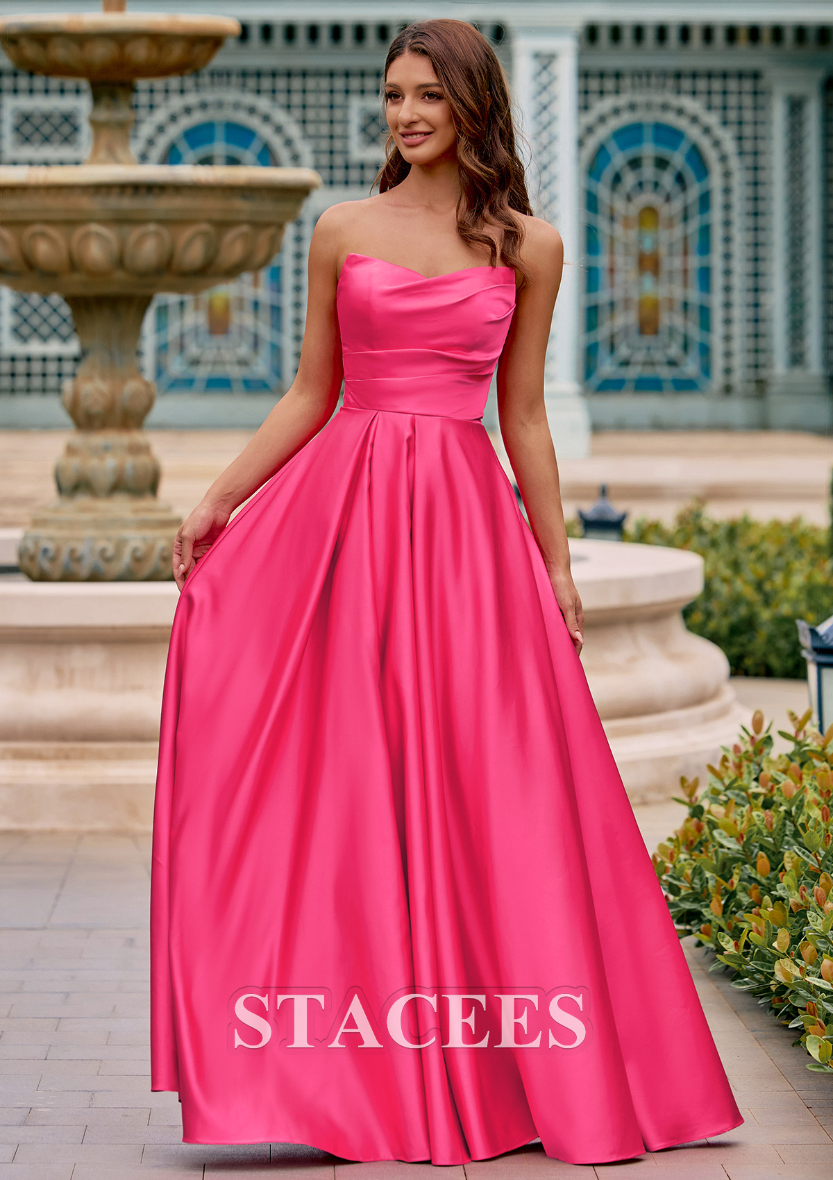 Azalea Vestido línea a escote en v satén hasta el suelo vestido de graduación - STACEES