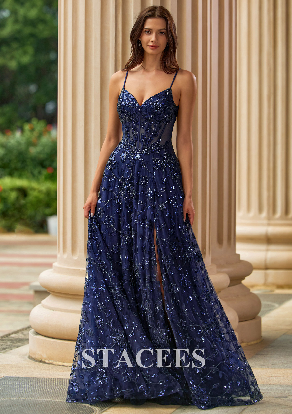Bleu marine foncé Trapèze col en v paillettes longueur ras du sol robe de bal avec perles fendue - STACEES