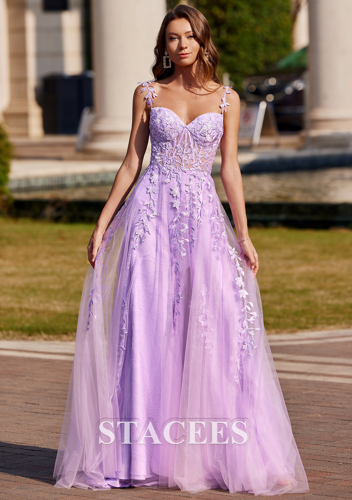 Lilac A-line V Neck Sweep Train Tulle Prom Dress with Appliqued Beading - STACEES