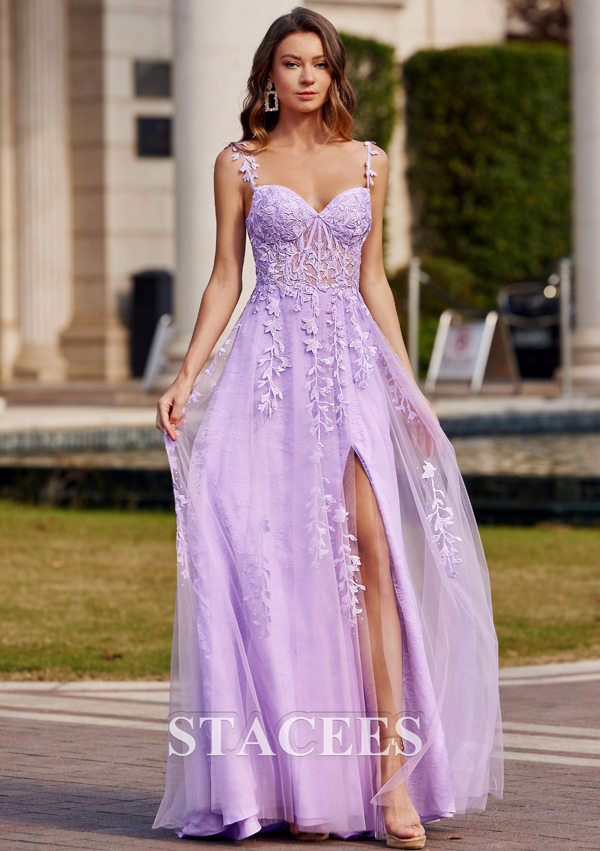 a line dress tulle Stacees A-Line Floral Lace Sheer Boned Corset Slit Prom DressCeladon Lace Appliqués Presling Crystal Crisscross Backless Size:M / US 6-8 Tiered Ruffles