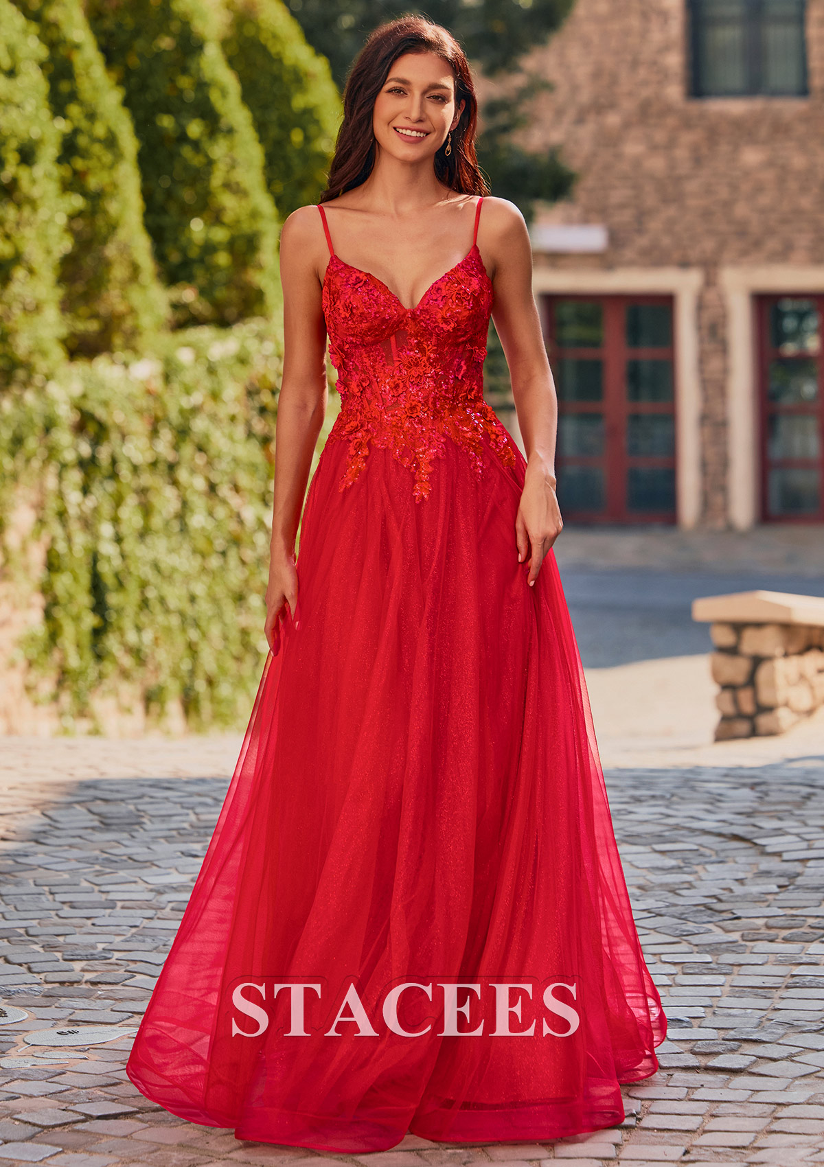 Rouge Trapèze col en v tulle longueur ras du sol robe de bal avec appliqué fleurs paillettes - STACEES
