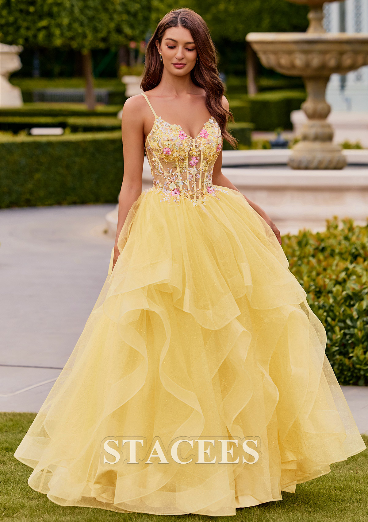 Jaune Trapèze col en v tulle longueur ras du sol robe de bal avec perles volants paillettes - STACEES