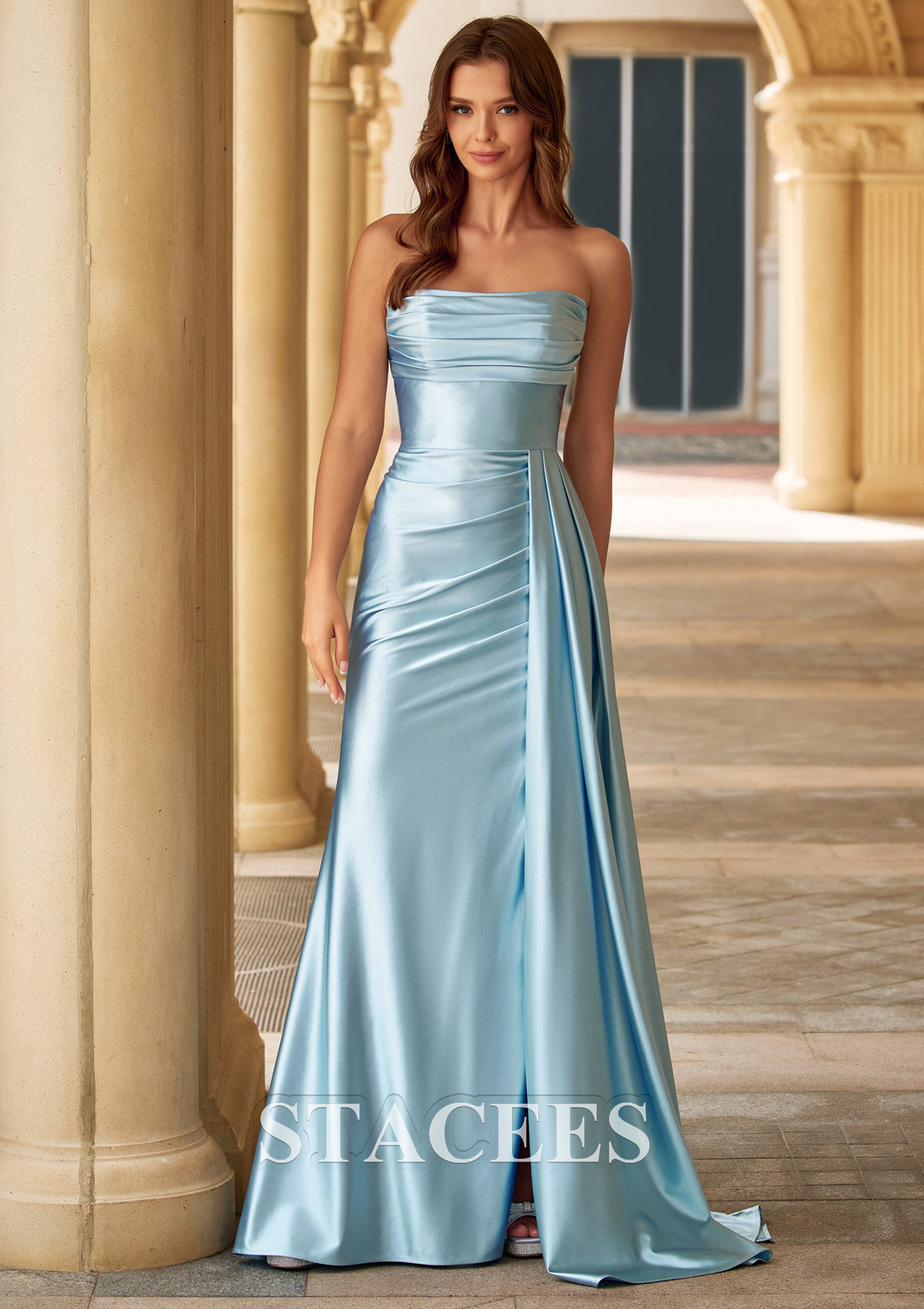Sky Blue Fitted Strapless Ruched Corset Prom Dress with Side Drape Slit - STACEES