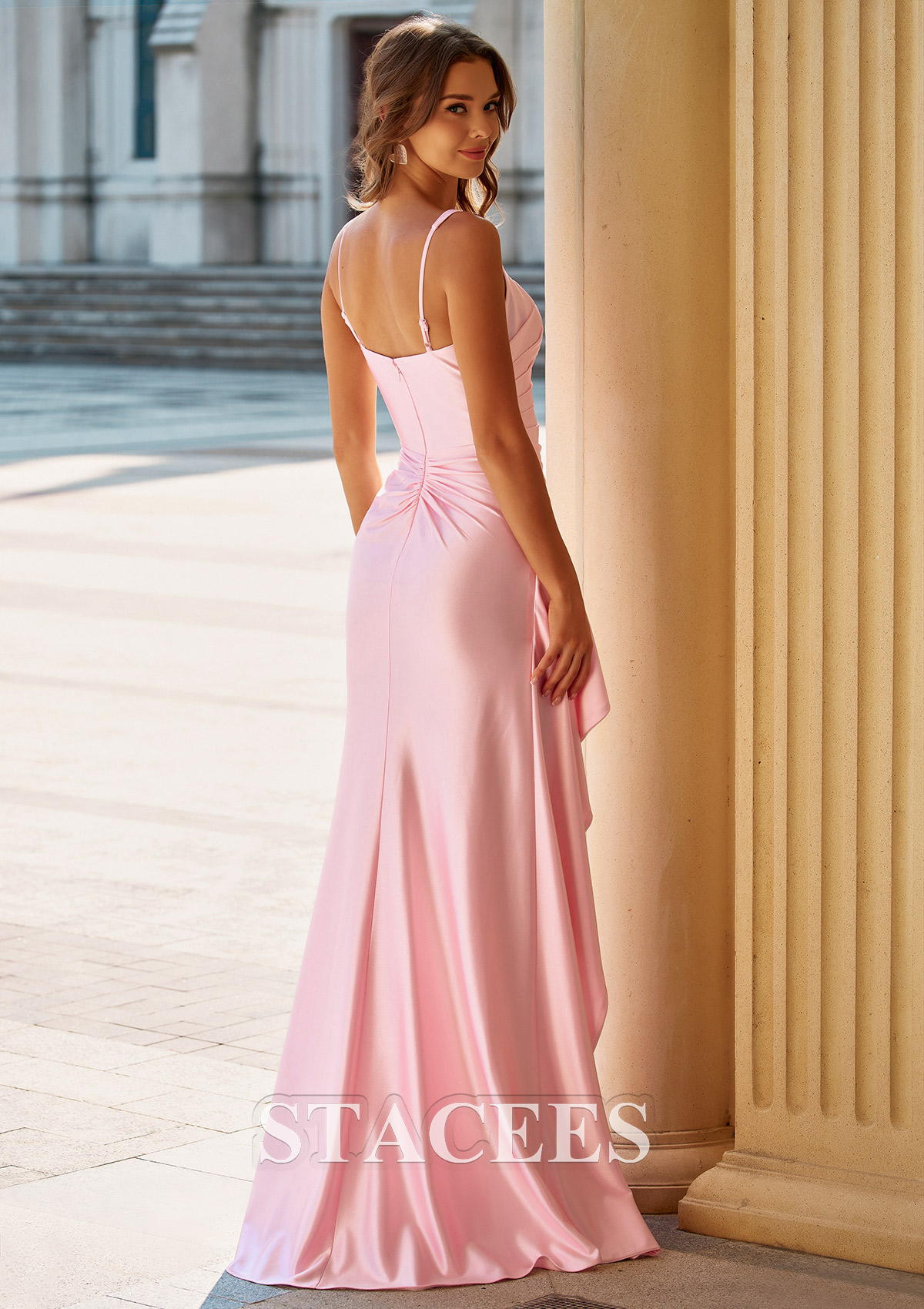 Blushing Pink Sheath Square Neckline Ruched Prom Dress with Side Cascading Ruffles Slit - STACEES