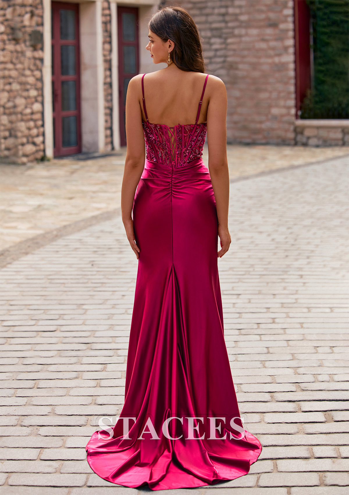 Burgundy Fitted Beaded Sequins Ruched Corset Slit Prom Dress - STACEES