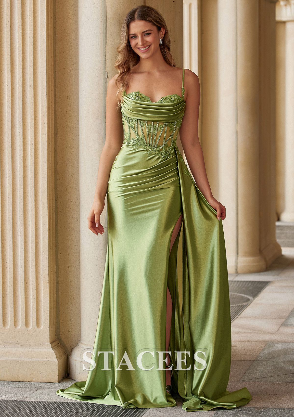 Celadon Fitted Pleated Sheer Embroidered Corset Prom Dress with Slit and Side Draping  - STACEES