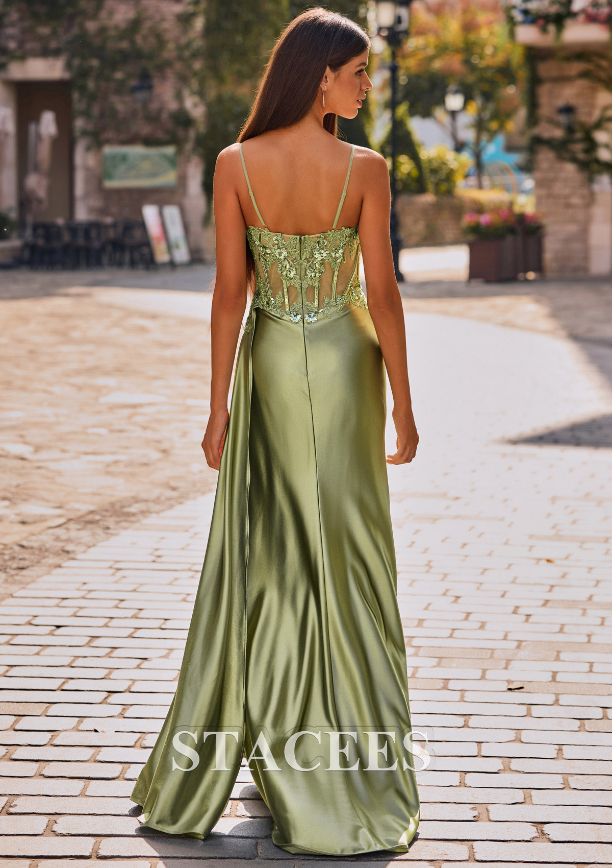 Céladon Fourreau col en v soie comme du satin traîne balayage robe de bal - STACEES