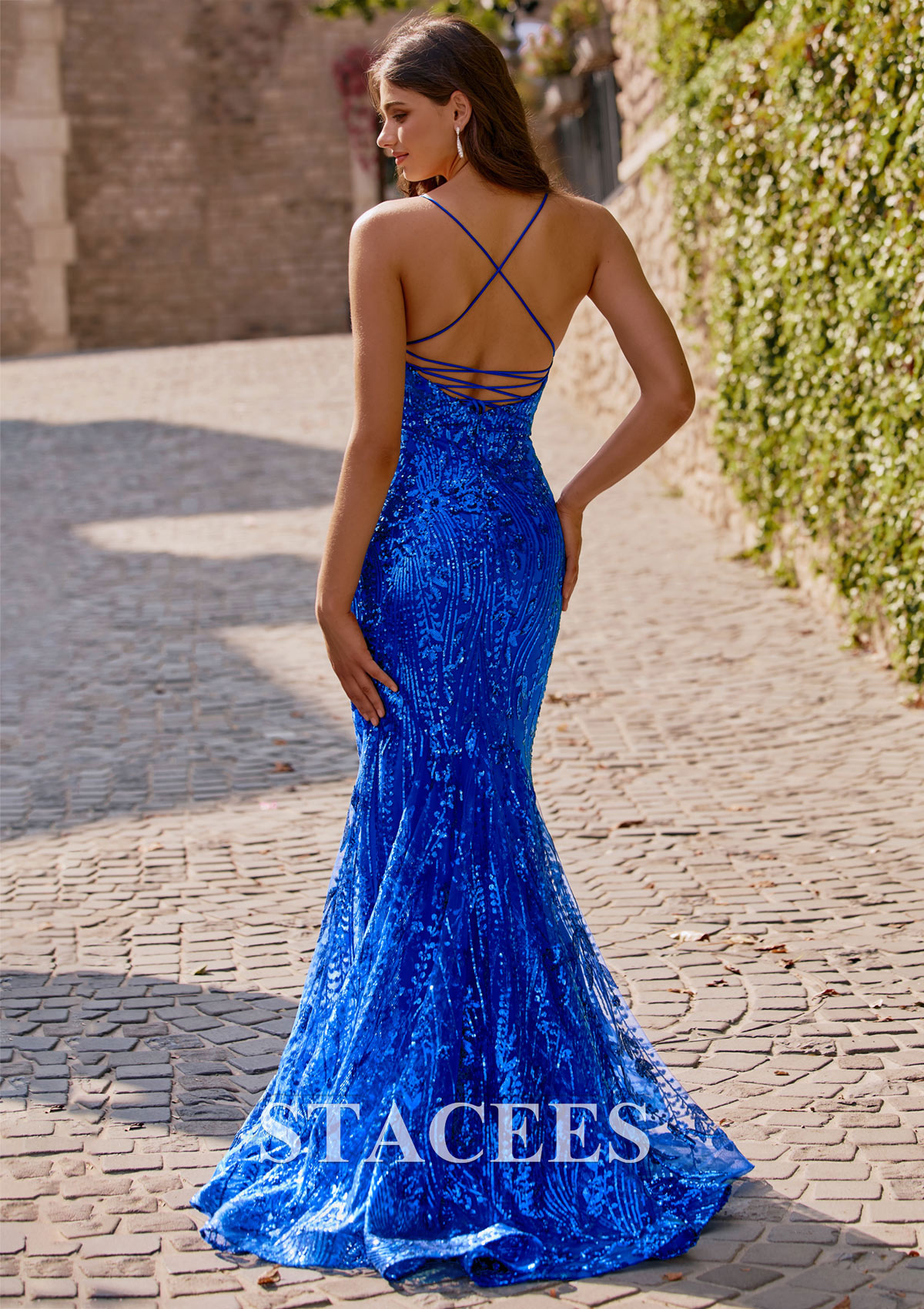 Bleu Royal Trumpette/Sirène carrée paillettes traîne balayage robe de bal - STACEES