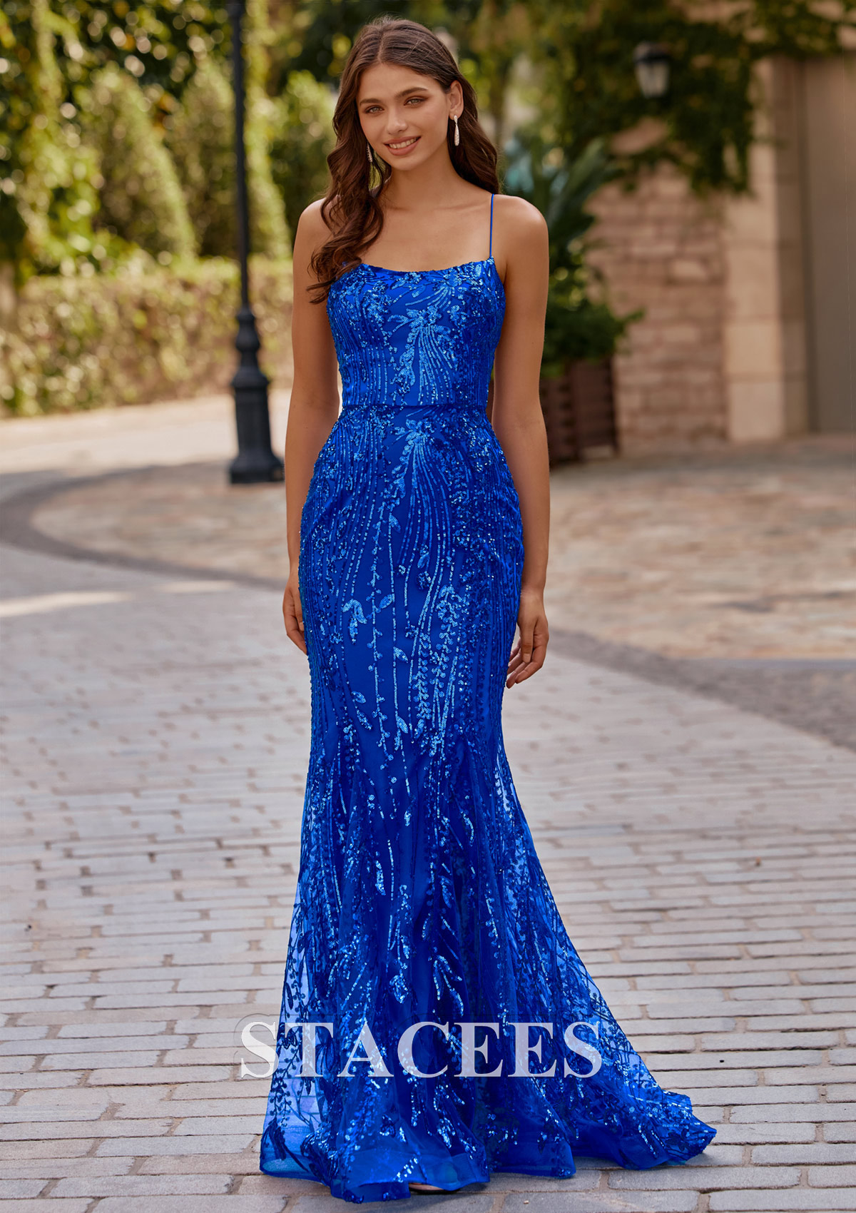 Bleu Royal Trumpette/Sirène carrée paillettes traîne balayage robe de bal - STACEES