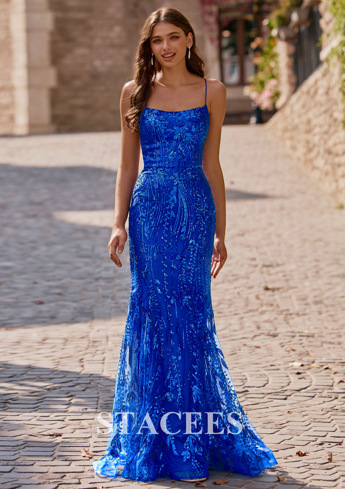 Bleu Royal Trumpette/Sirène carrée paillettes traîne balayage robe de bal - STACEES