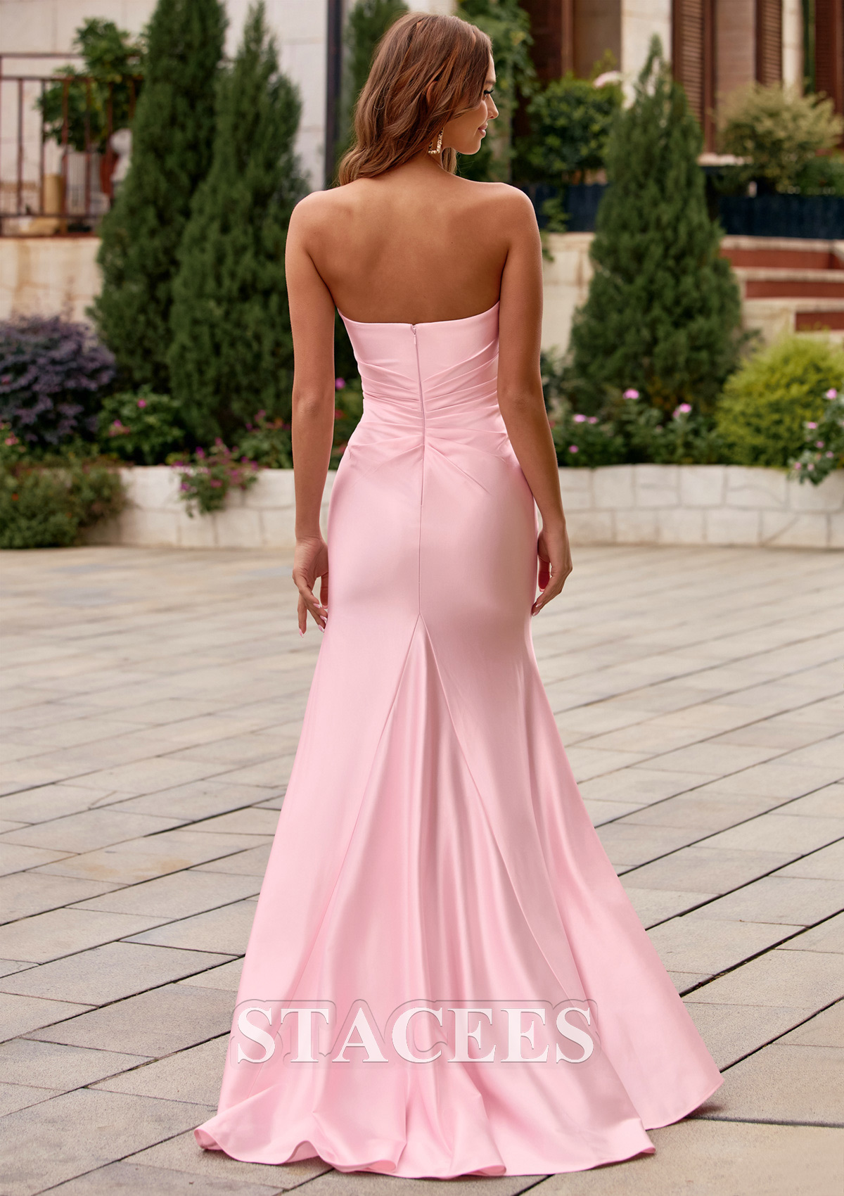 Rose Rougissant Trumpette/Sirène carrée soie comme du satin traîne balayage robe de bal avec plissé volants - STACEES