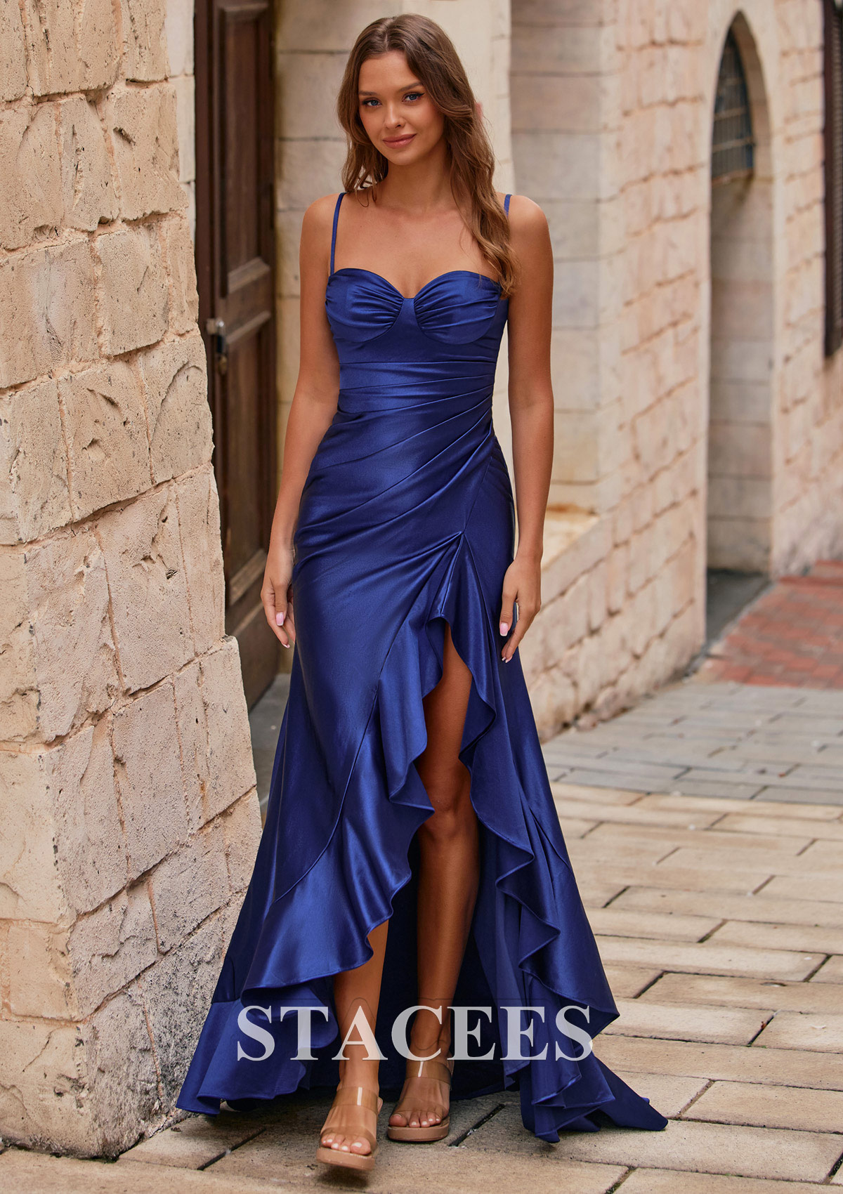 Navy Blue Mermaid Sweetheart Spaghetti Straps Ruched Prom Dress with Ruffle Slit - STACEES