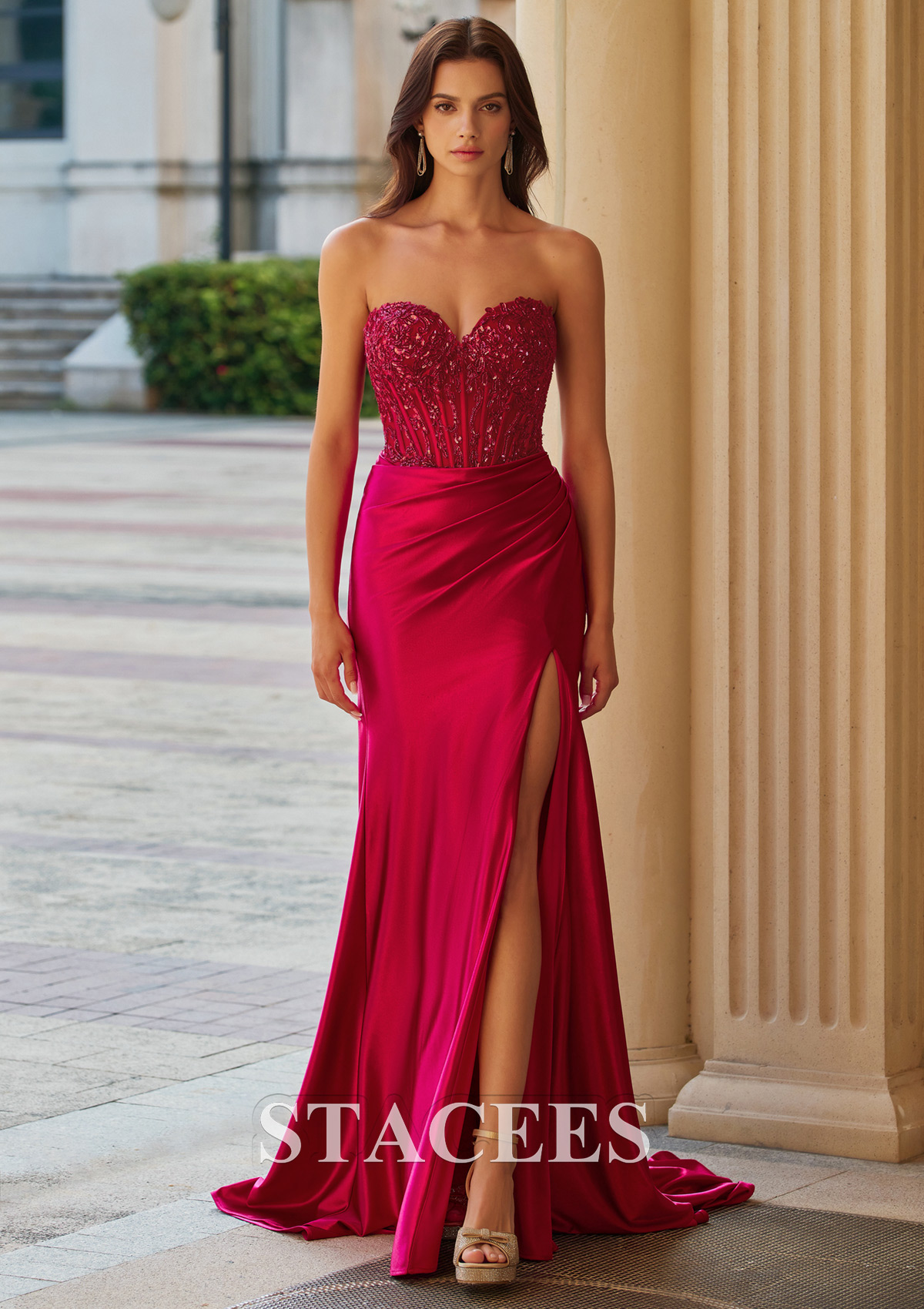 Burgundy Mermaid Strapless Beaded Corset Backless Prom Dress with High Slit - STACEES