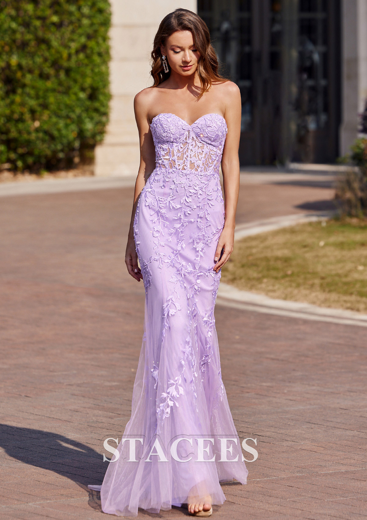Lilac Trumpet/Mermaid Sweetheart Sweep Train Tulle Prom Dress with Appliqued Beading - STACEES