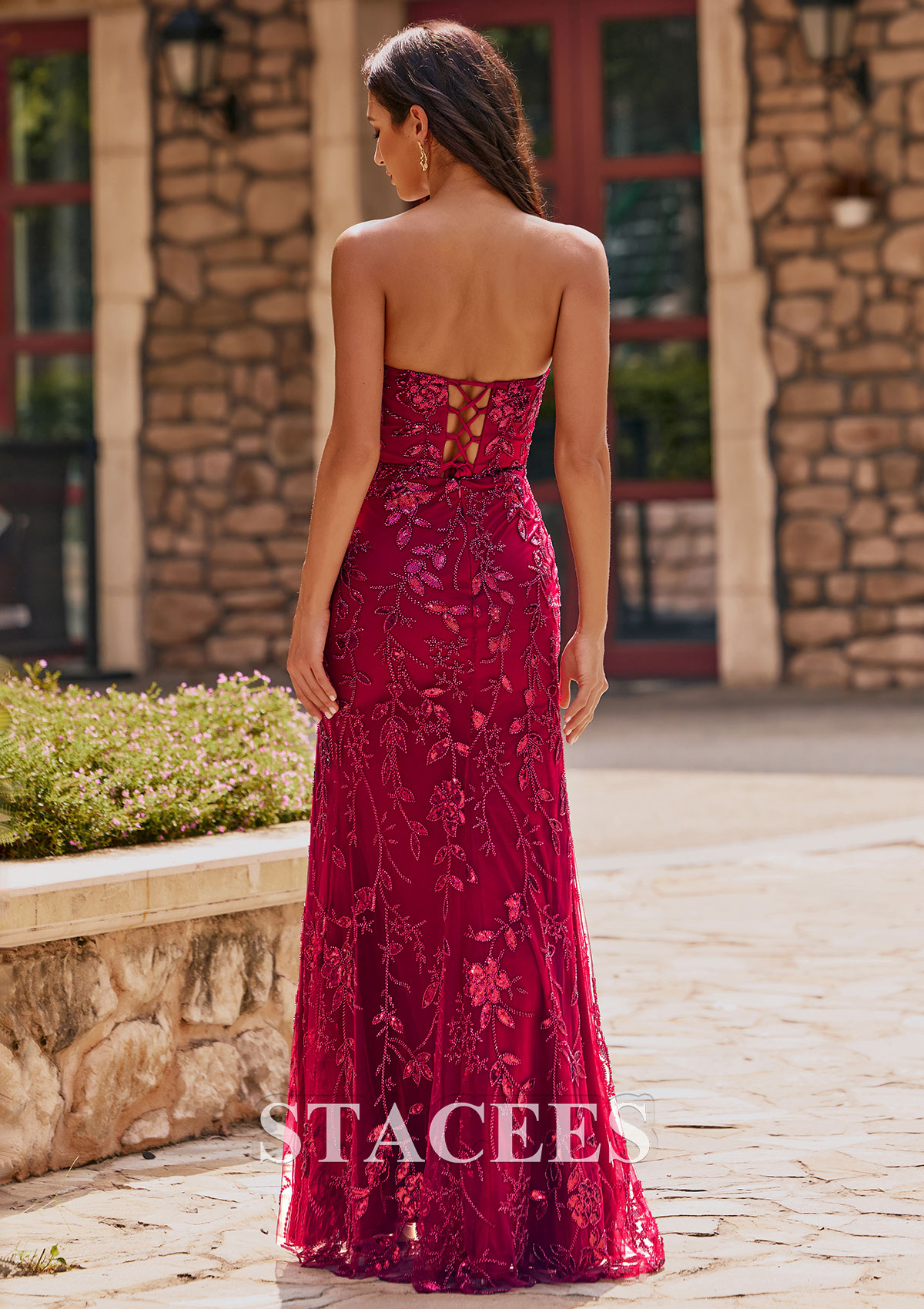 Bordeaux Trumpette/Sirène cache coeur tulle longueur ras du sol robe de bal avec perles trou de serrure - STACEES