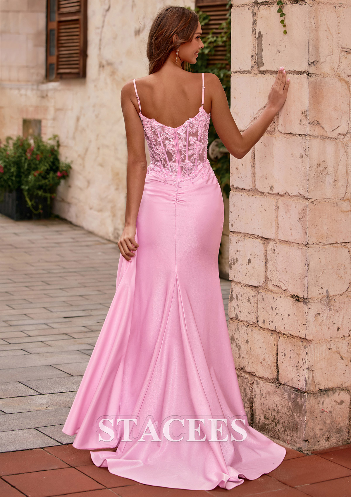 Blushing Pink Mermaid V Neck Sheer Beaded Corset Slit Prom Dress with Side Draping - STACEES