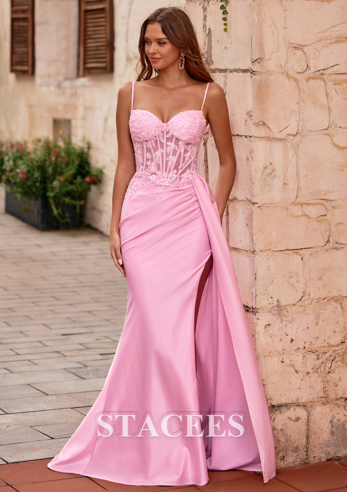 Blushing Pink Mermaid V Neck Sheer Beaded Corset Slit Prom Dress with Side Draping - STACEES