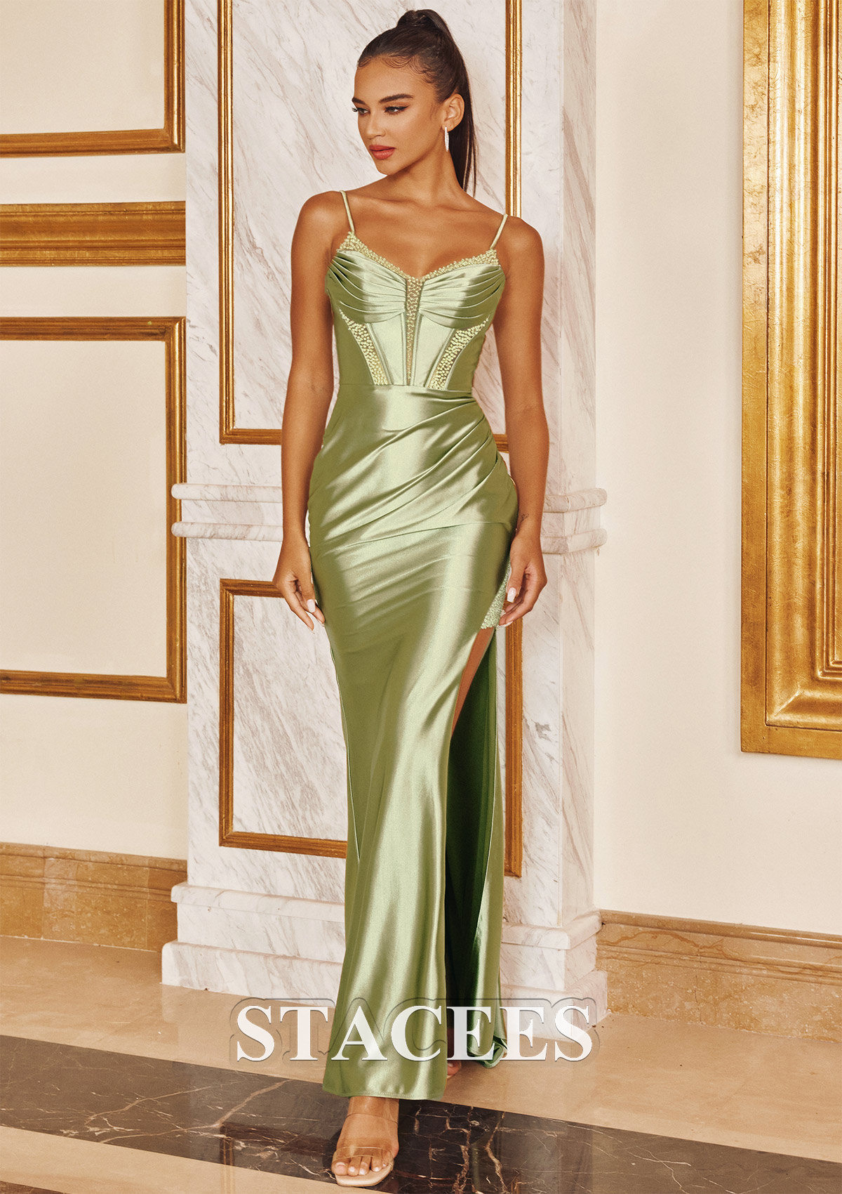 Sauge Trumpette/Sirène col en v soie comme du satin traîne balayage robe de bal - STACEES