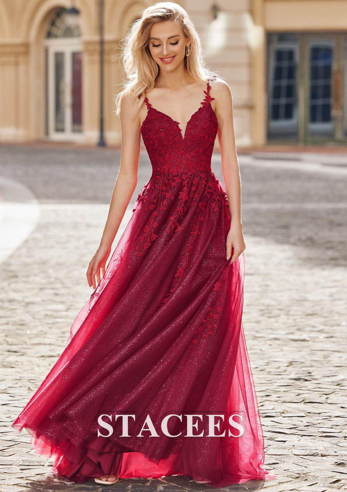 Burgundy A-line Princess V Neck Sleeveless Sweep Train Tulle Prom Dress with Appliqued Glitter - STACEES