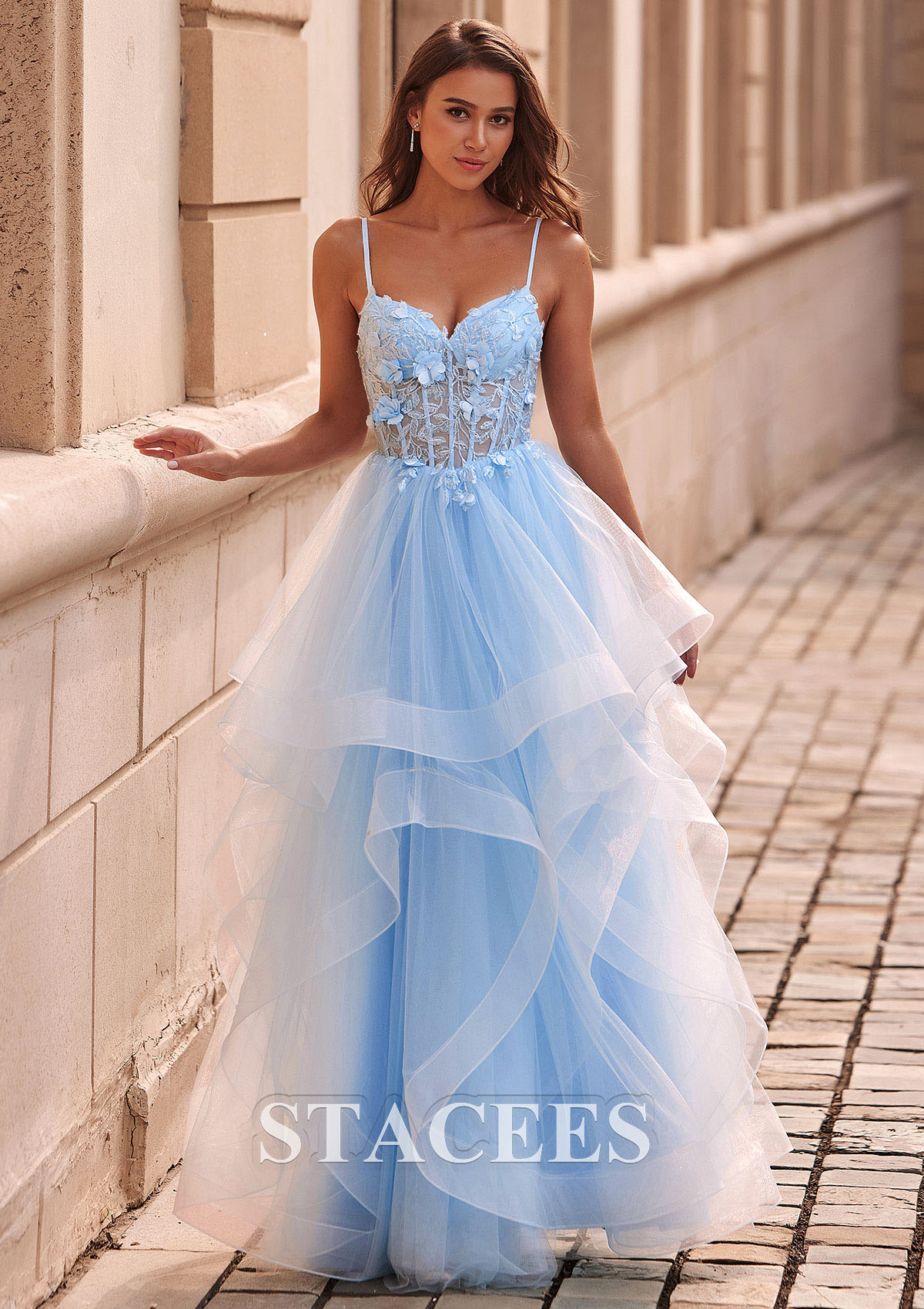 Sky Blue A-line V Neck Sheer Lace Corset Ruffle Prom Dress - STACEES