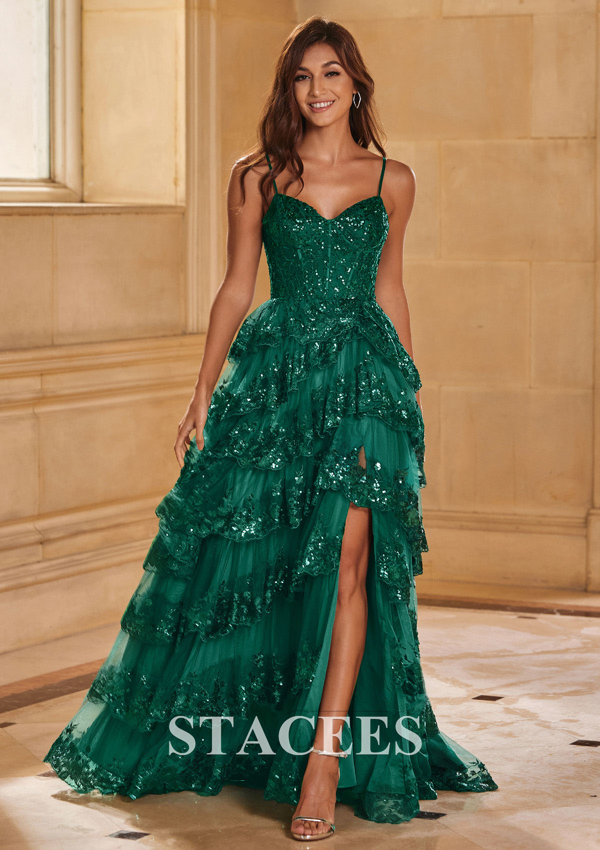 Dark Green A-line Corset Tiered Ruffle Slit Prom Dress with Appliqued Sequins - STACEES