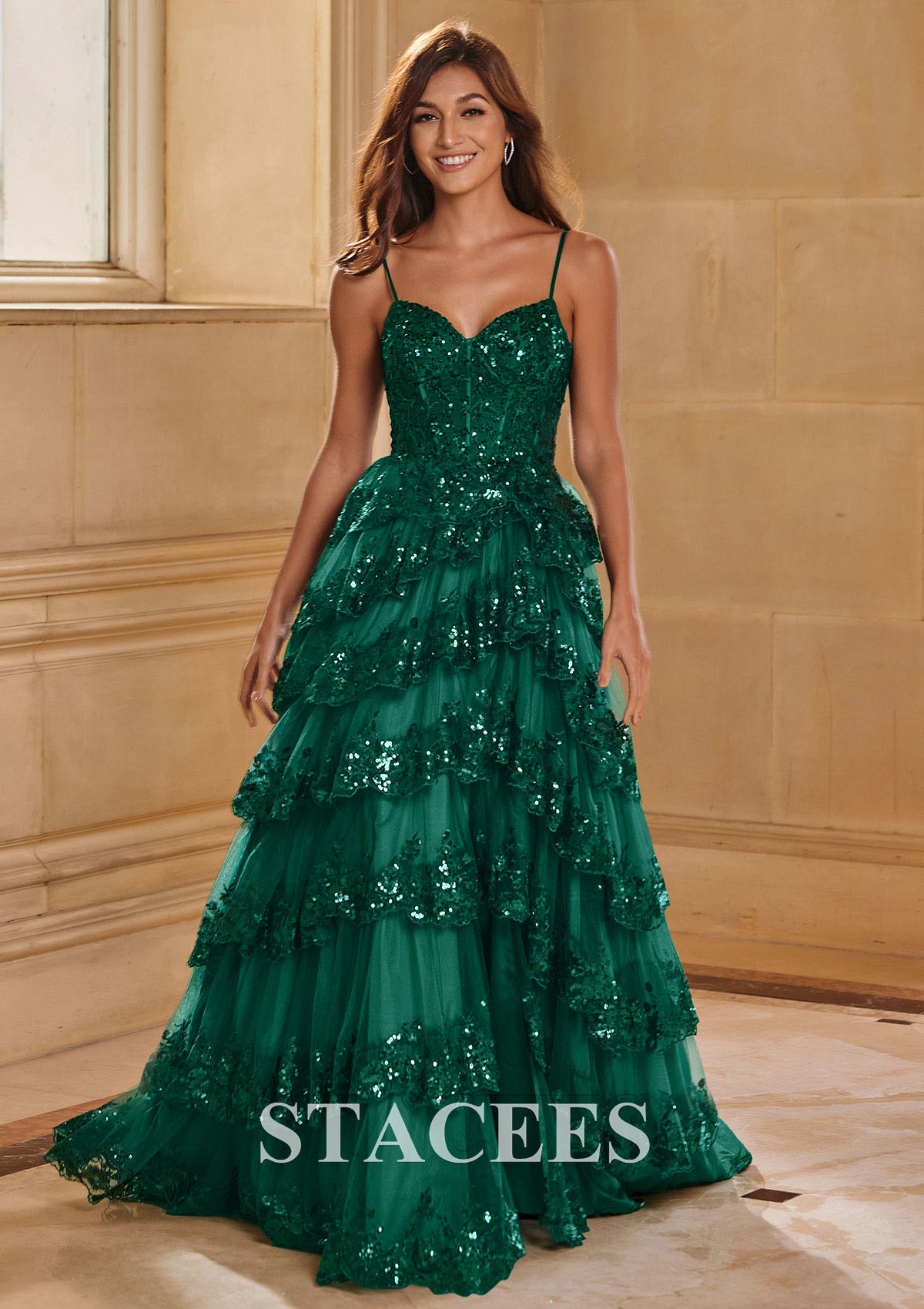 Dark Green A-line Corset Tiered Ruffle Slit Prom Dress with Appliqued Sequins - STACEES