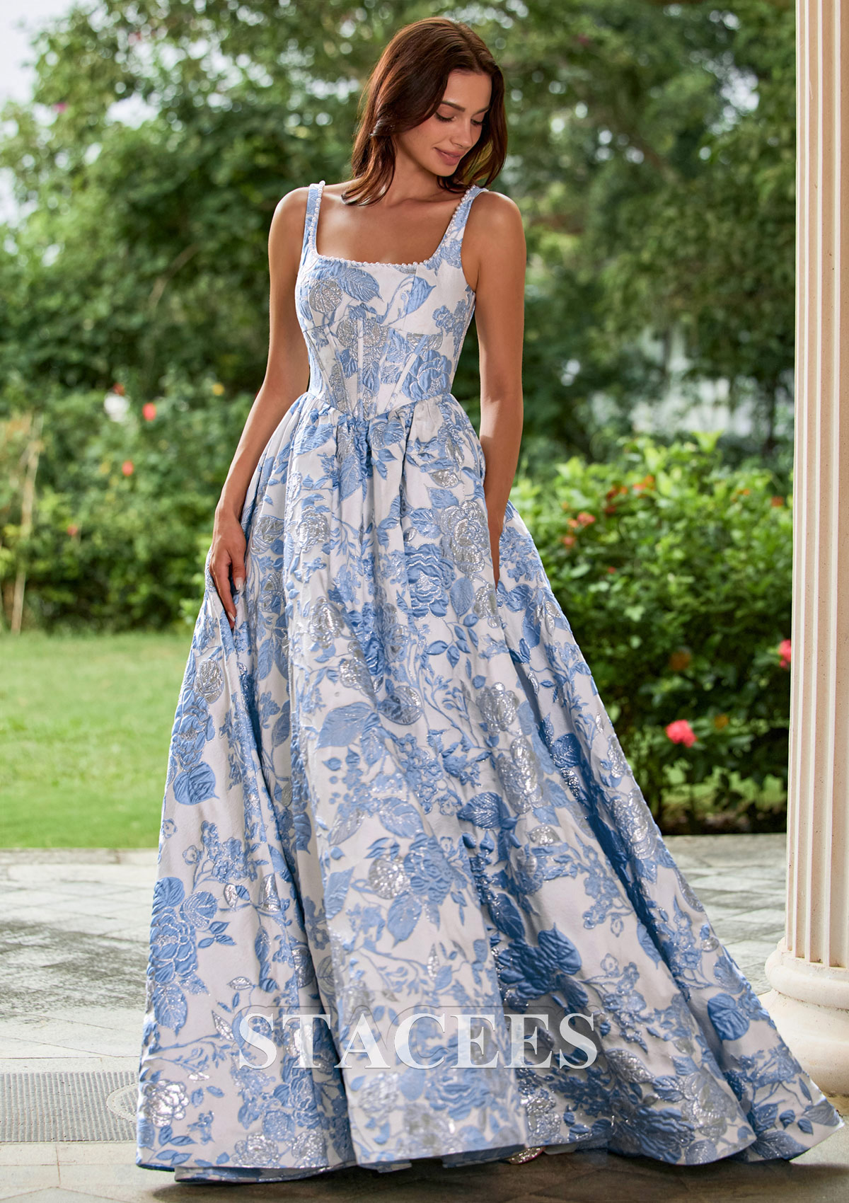 Floral Azul Cielo Vestido línea a vestido de gala cuello cuadrado brocado cola de barrido vestido de graduación - STACEES