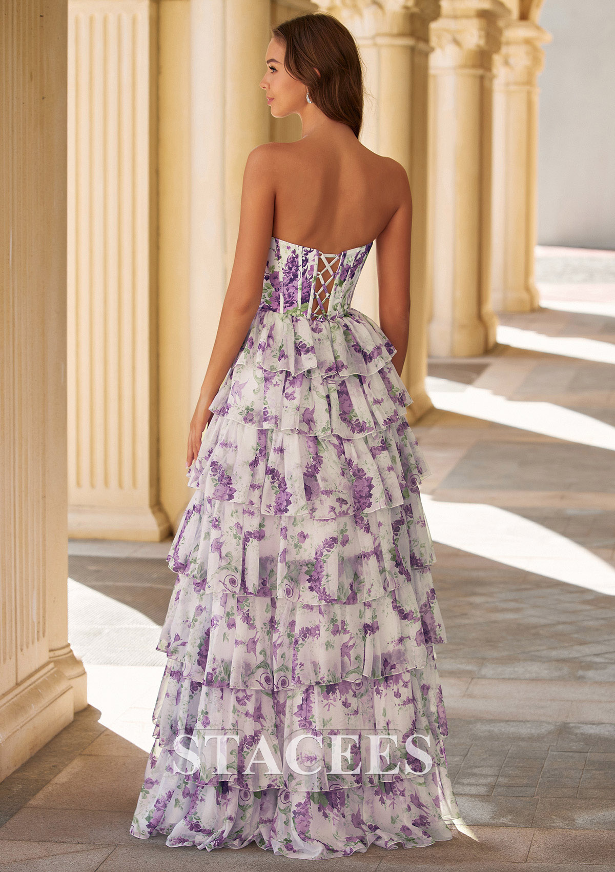 Grape Floral Vestido línea a cuello cuadrado gasa hasta el suelo vestido de graduación - STACEES