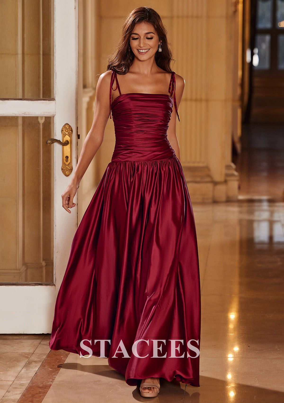 Burgundy A-line Square Neckline Pleated Long Prom Dress with Adjustable Spaghetti Straps - STACEES