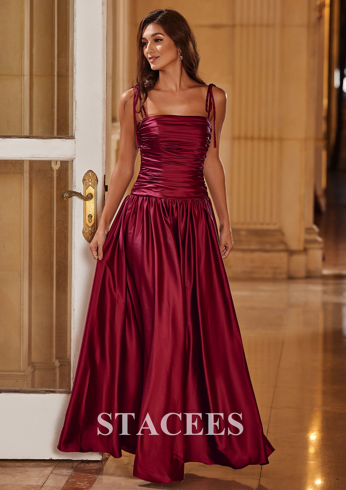 Burgundy A-line Square Neckline Pleated Long Prom Dress with Adjustable Spaghetti Straps - STACEES