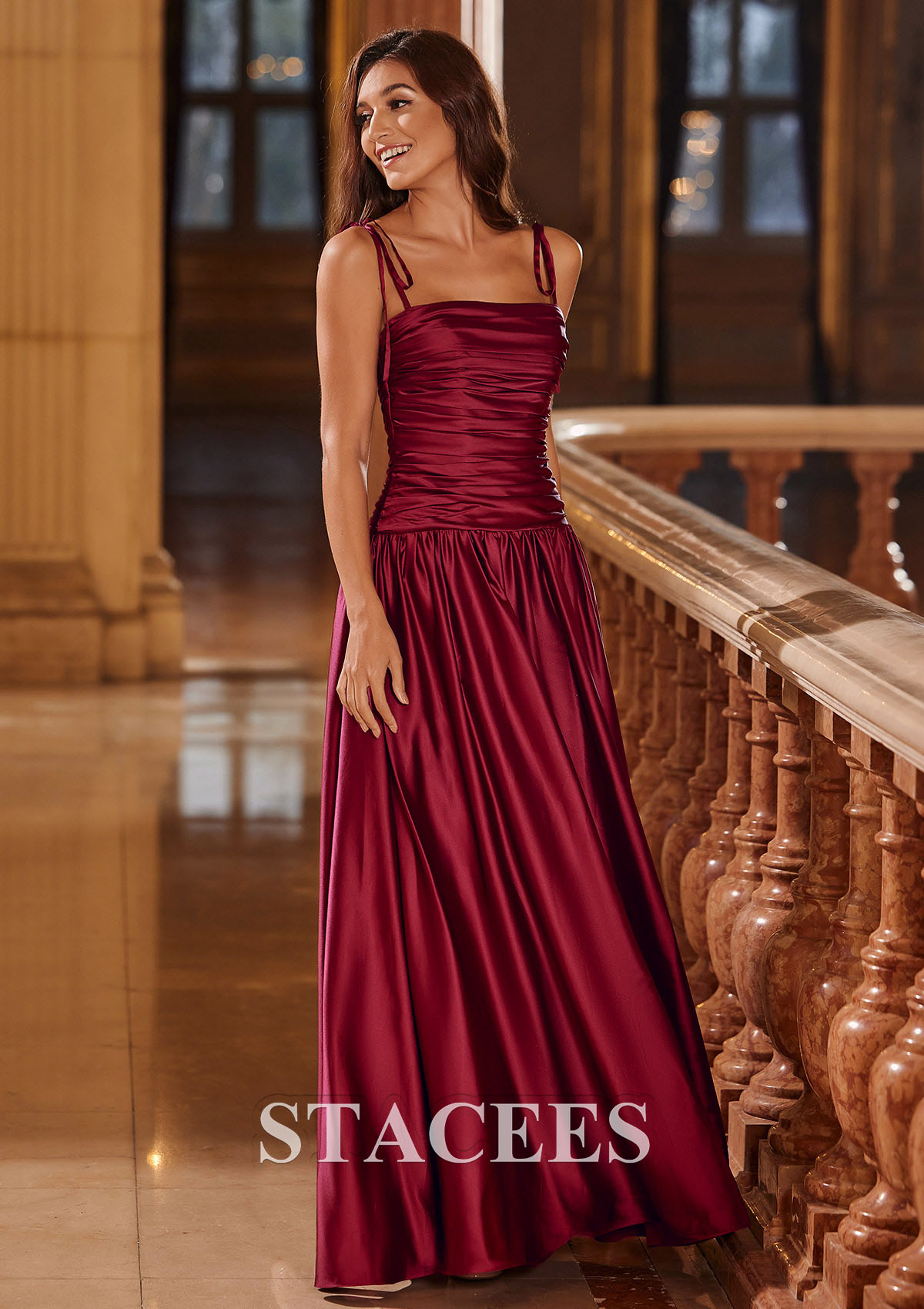 Burgundy A-line Square Neckline Pleated Long Prom Dress with Adjustable Spaghetti Straps - STACEES