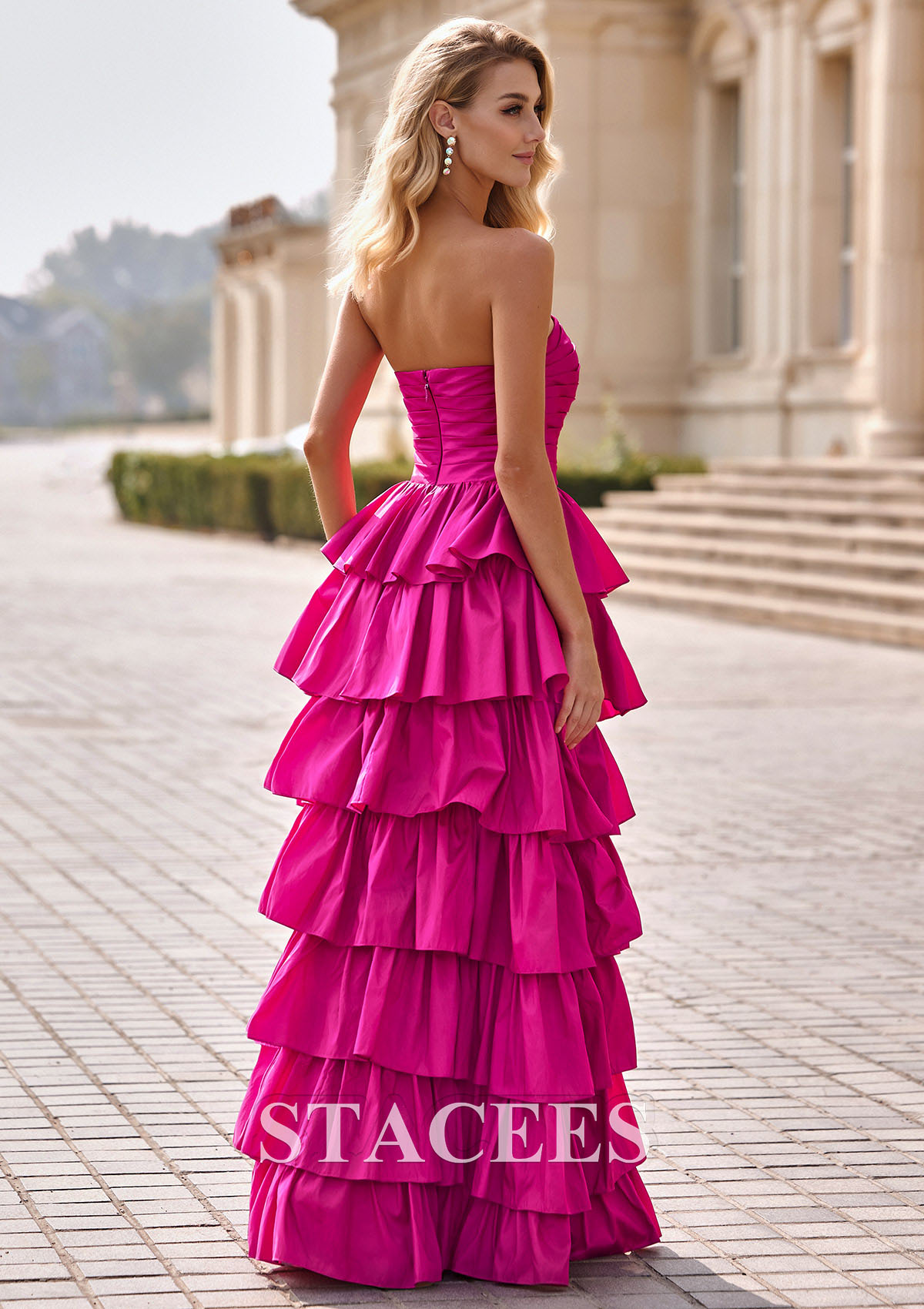 Hot Pink A-line Square Neckline Strapless Ruffled Taffeta Prom Dress with Slit Pleats - STACEES