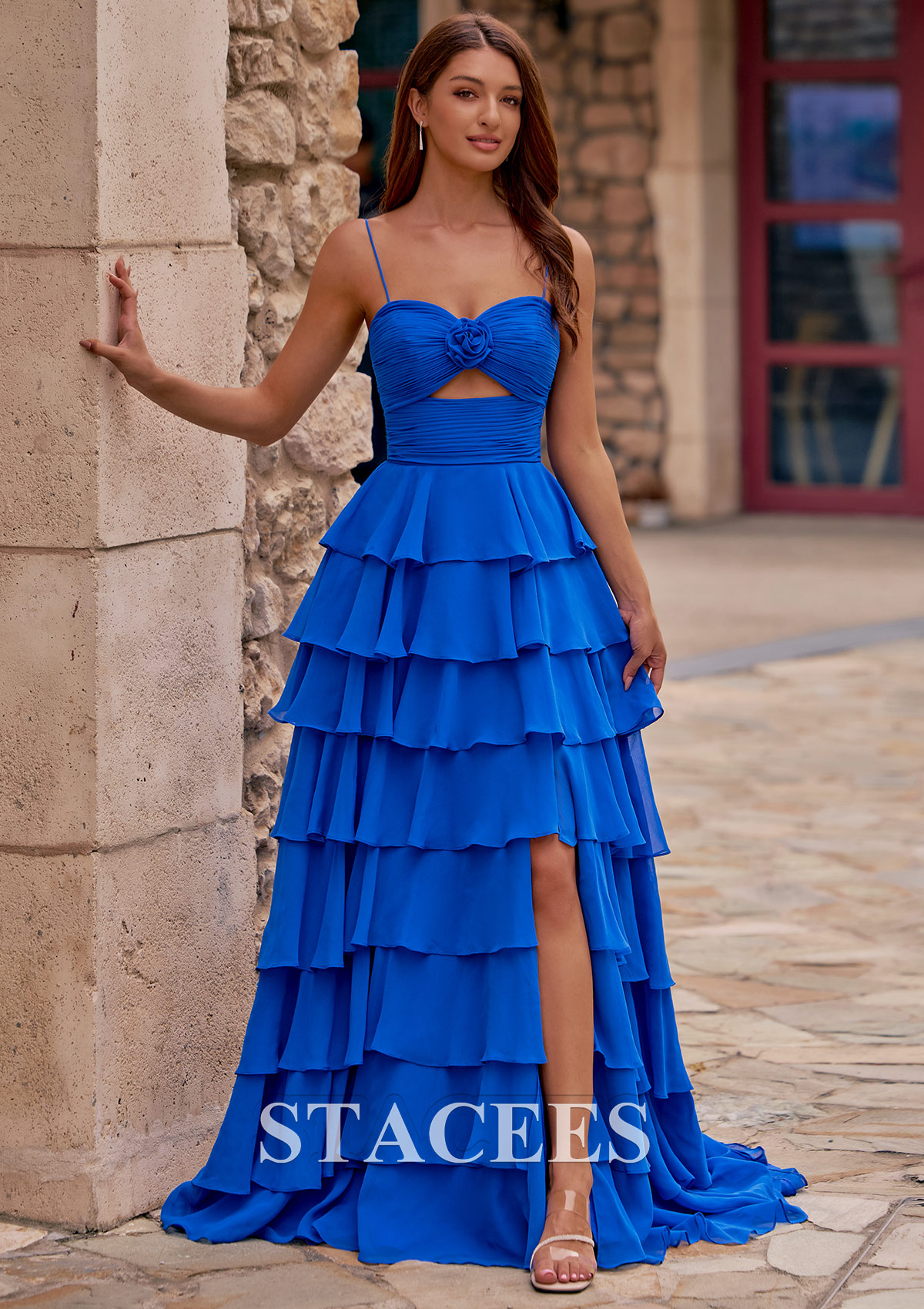 Ocean Blue A-line Rose Sweetheart Cutout Ruched Tiered Ruffle Chiffon Prom Dress with Slit - STACEES