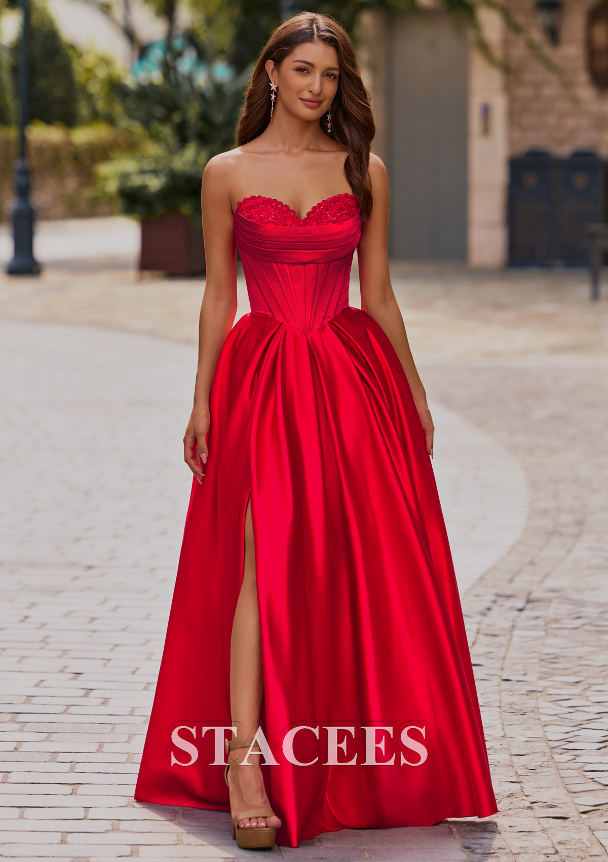 red satin a line prom dress A-line Appliqued Ruched Strapless Sweetheart Corset Slit S8889P - Prom Dresses length dress a sleek Studio Shoot Best underwear for a Size:US Size 18W