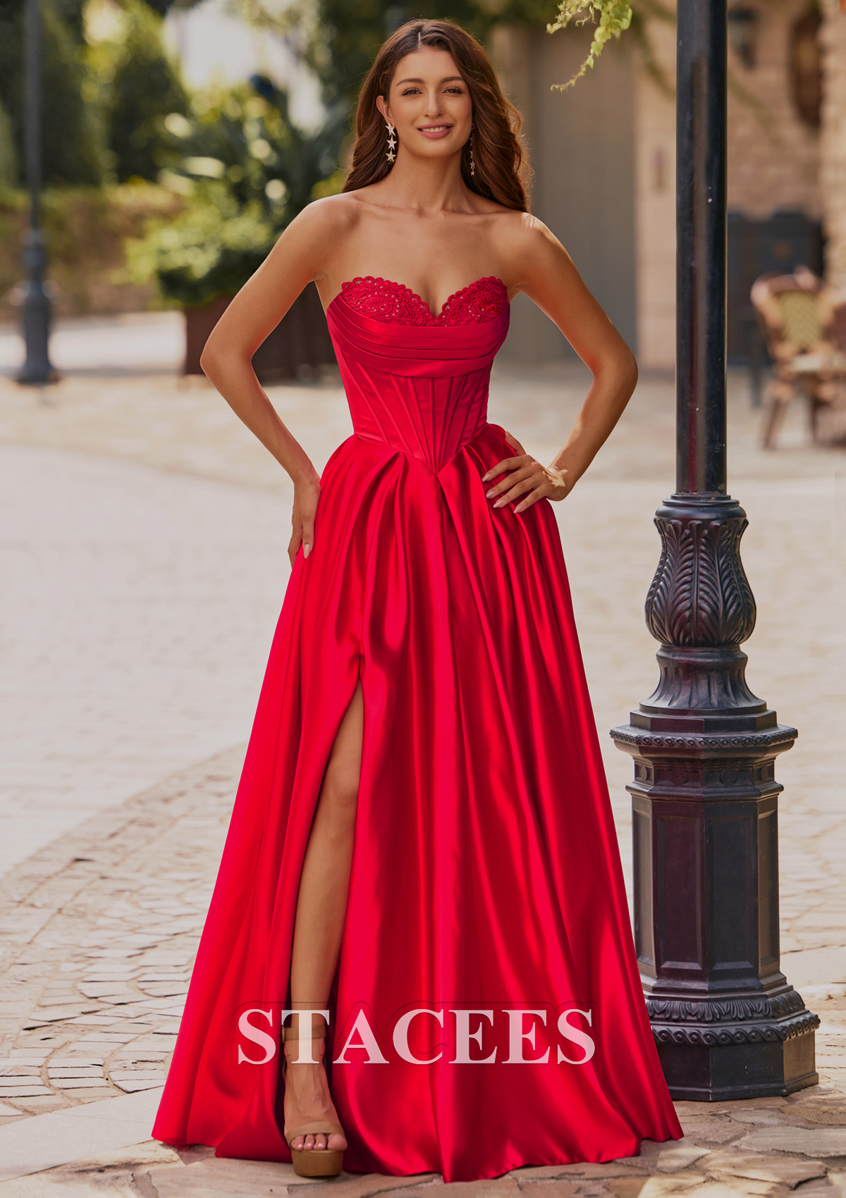 red strapless a line dress A-line Appliqued Ruched Sweetheart Corset Satin Slit Prom S8889P - Prom Dresses backless maxi What Bra to wear Color:Mauve Not Fitted