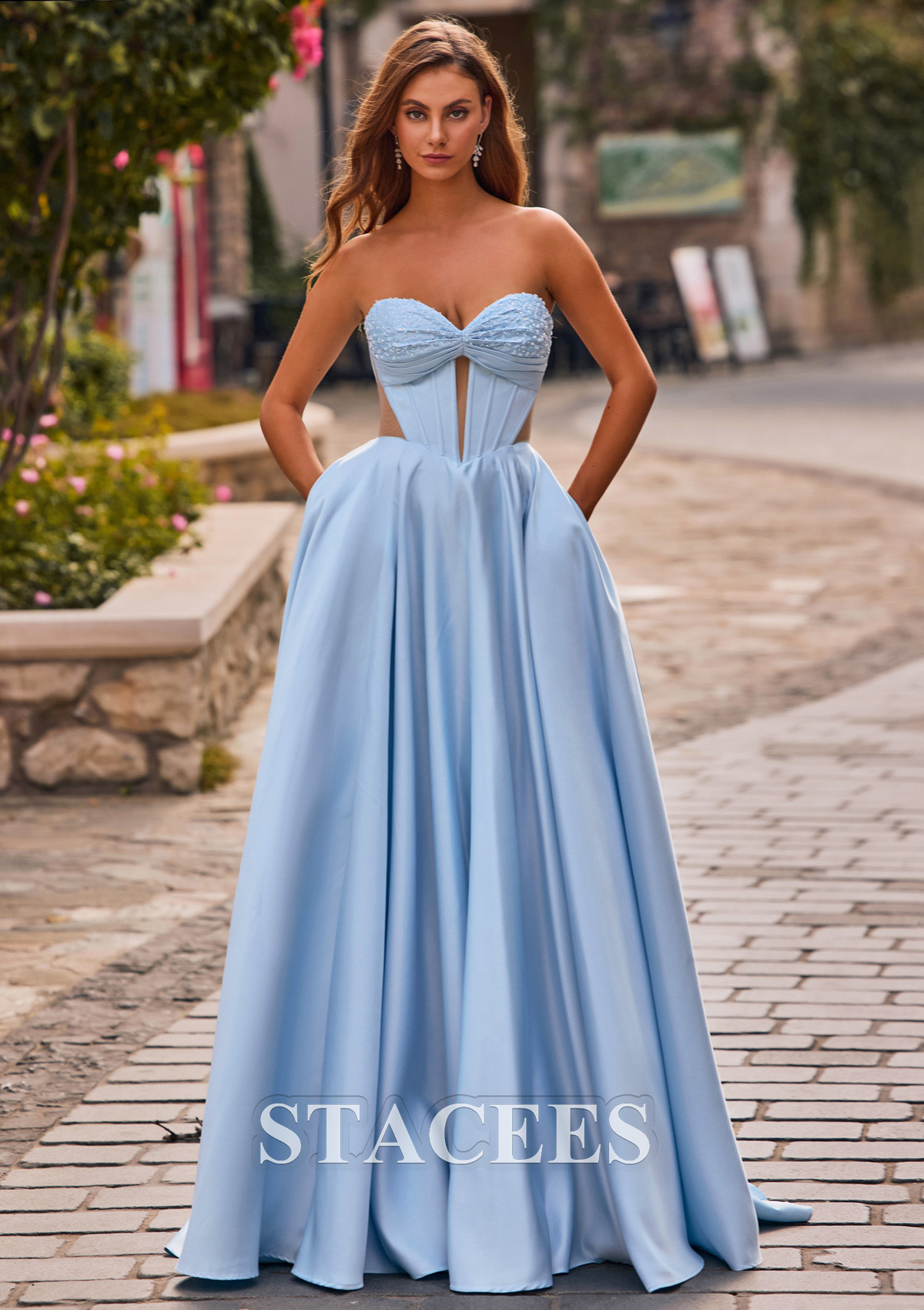 Sky Blue A-line Sweetheart Strapless Cutout Pleated Corset Satin Prom Dress - STACEES