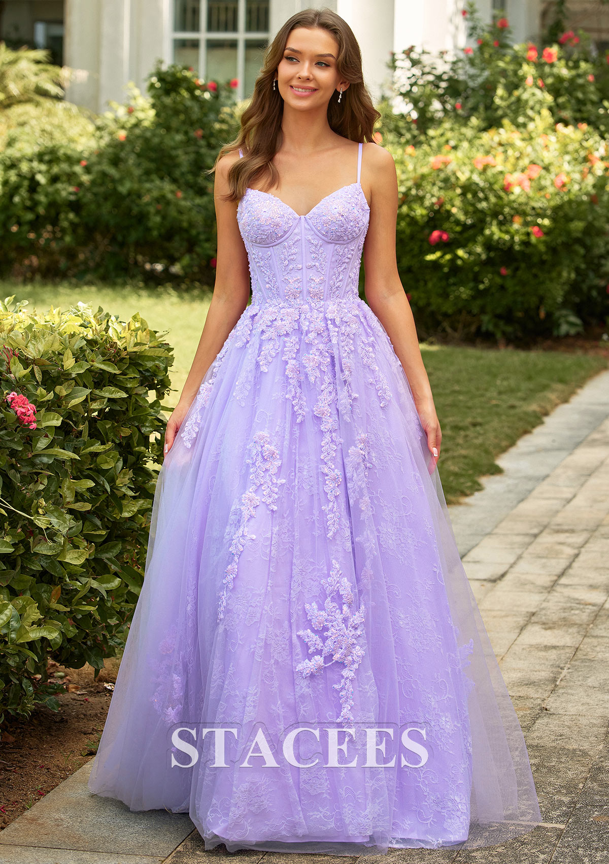 Lilas Trapèze col en v tulle longueur ras du sol robe de bal avec appliqué perles dentelle - STACEES