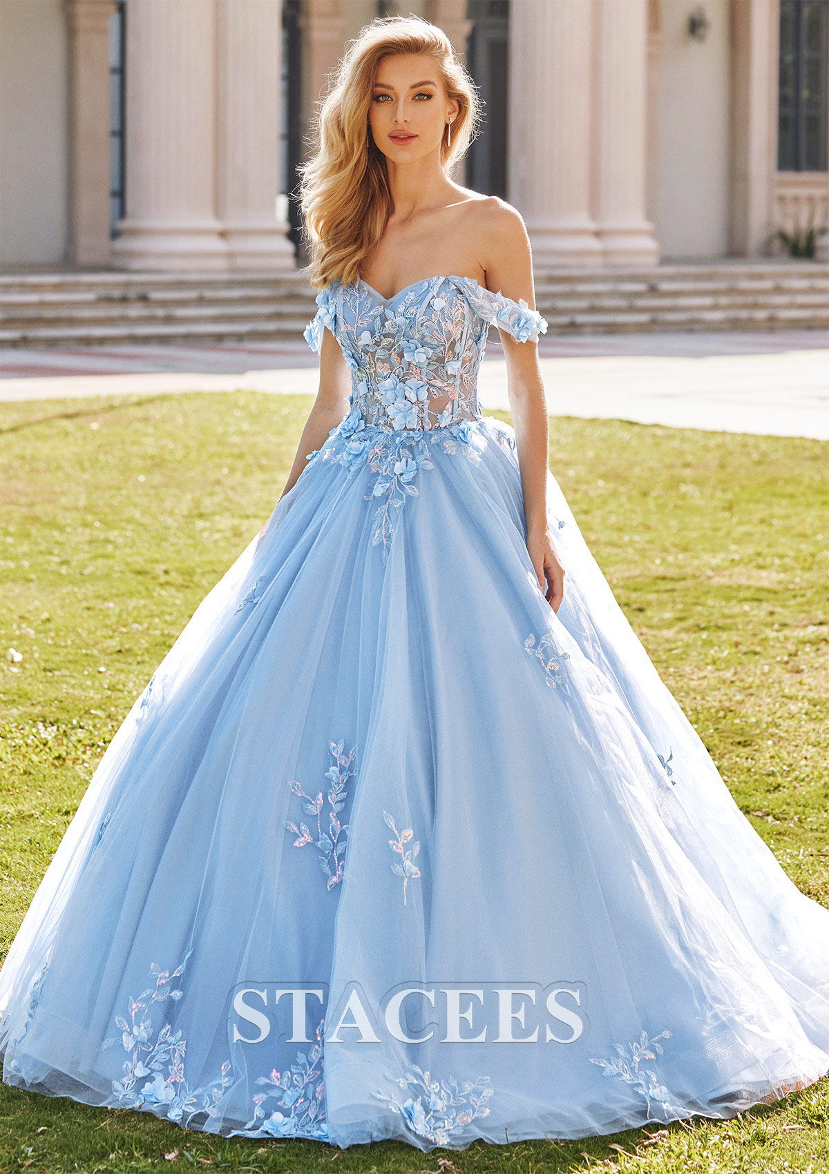 Sky Blue Ball Gown Off-the-Shoulder Long Tulle Prom Dress with Appliqued Sequins Petticoat - STACEES