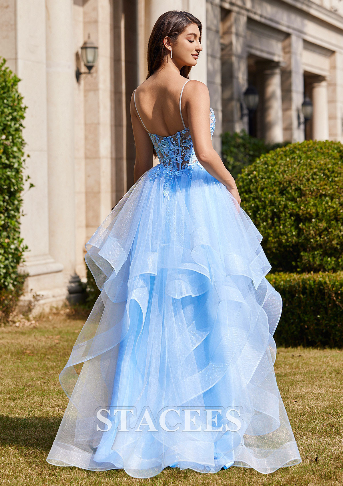 Bleu Ciel Robe marquise col en v tulle traîne balayage robe de bal - STACEES