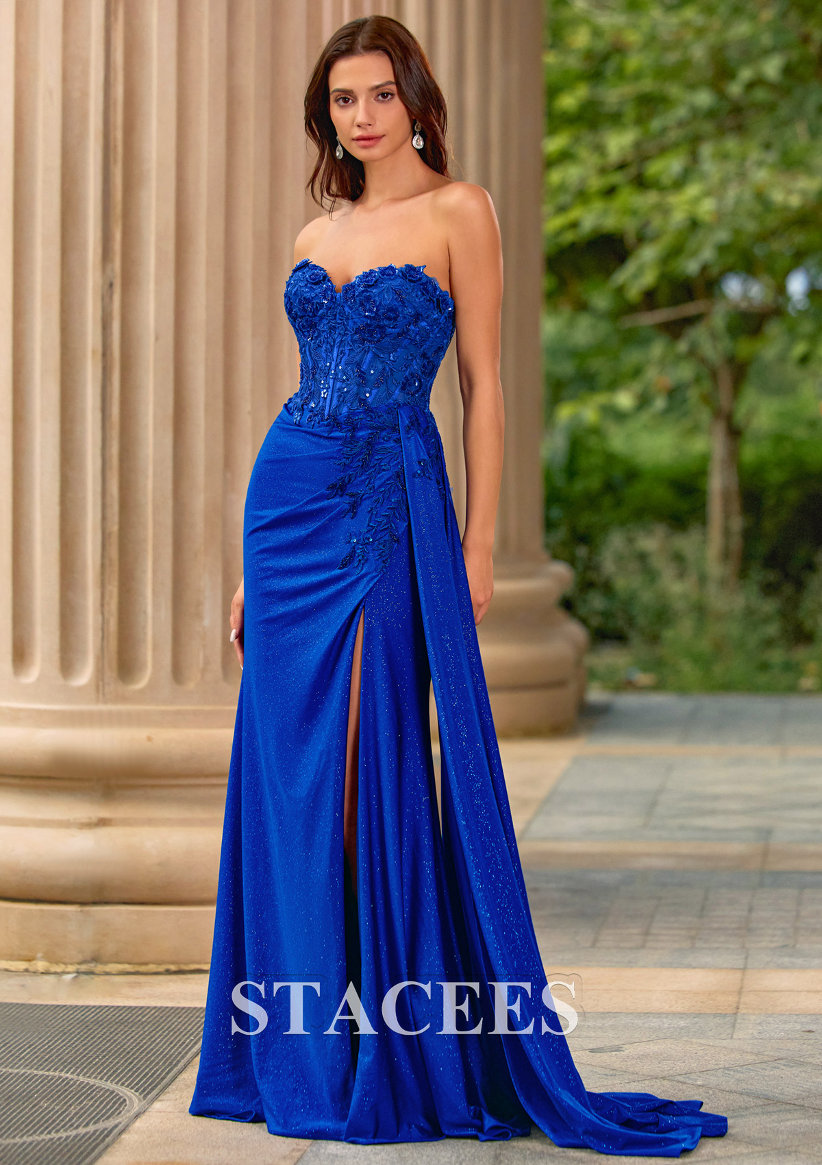 Royal Blue Sparkly Strapless Floral Corset Ruching Slit Prom Dress with Side Draping  - STACEES