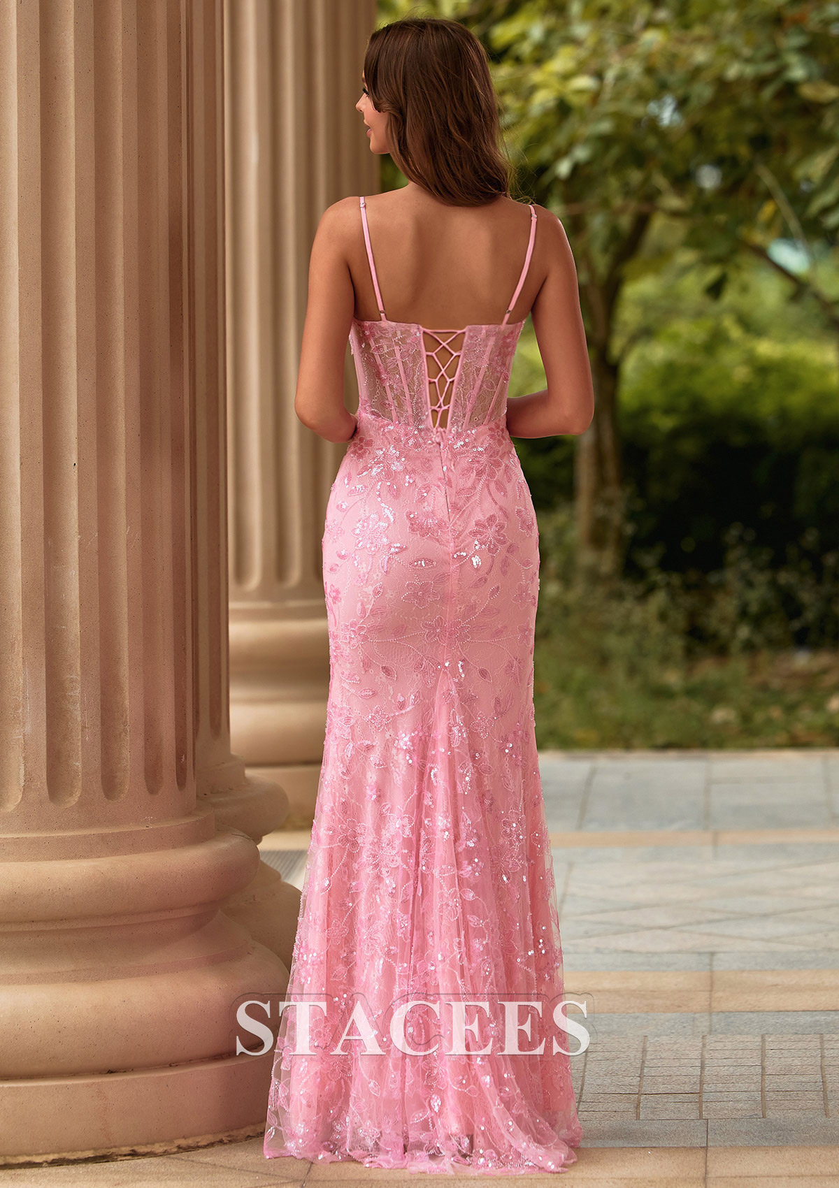Blushing Pink Sparkly Lace Sequins Prom Dress with Spaghetti Straps Illusion Corset - STACEES